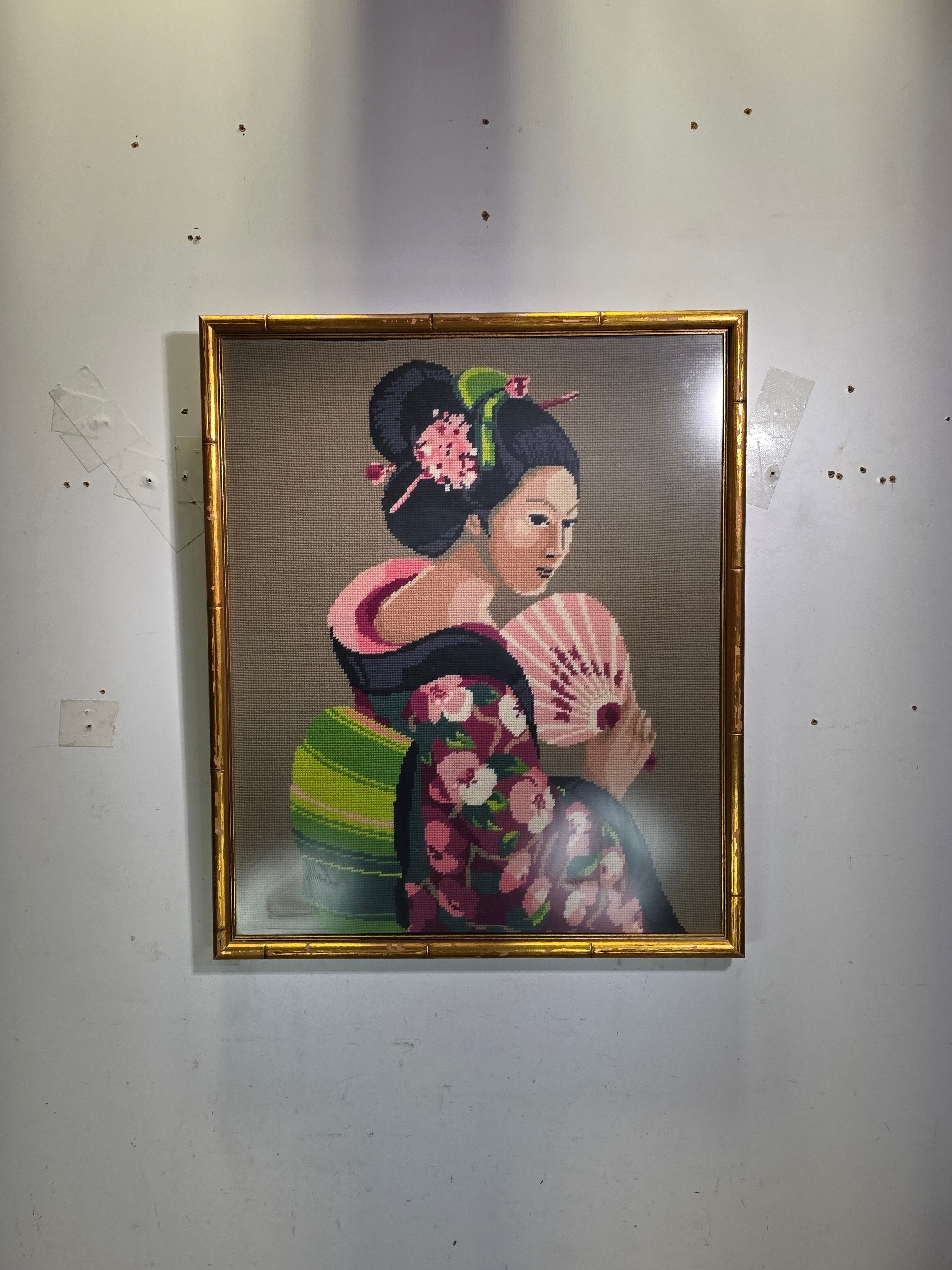 Vintage Framed Needlepoint Japanese Geisha Chinoiserie Faux Bamboo Gold Wall Art
