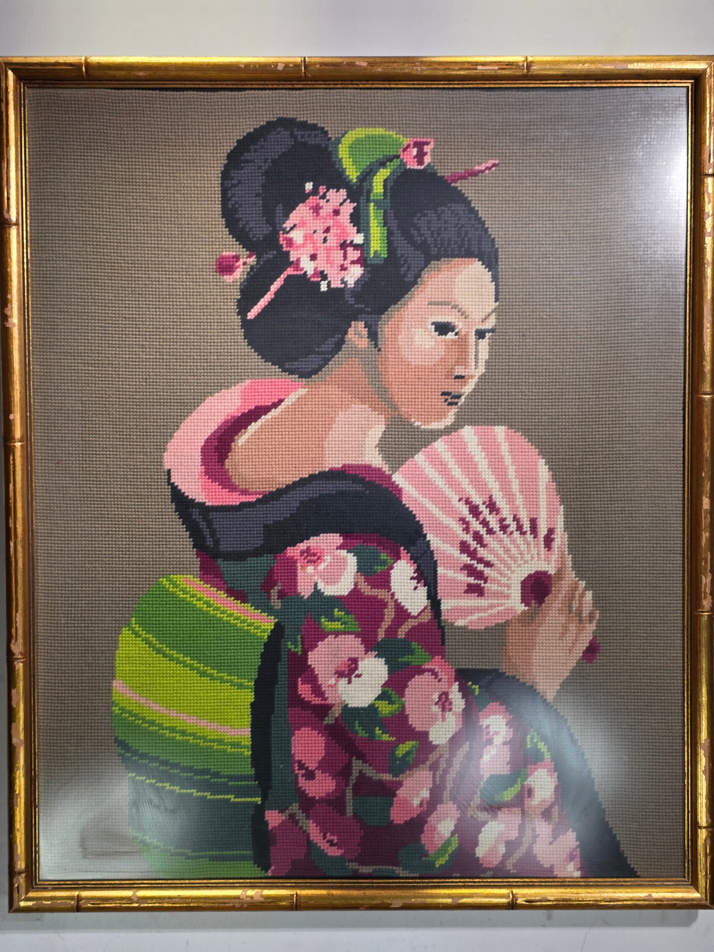 Vintage Framed Needlepoint Japanese Geisha Chinoiserie Faux Bamboo Gold Wall Art