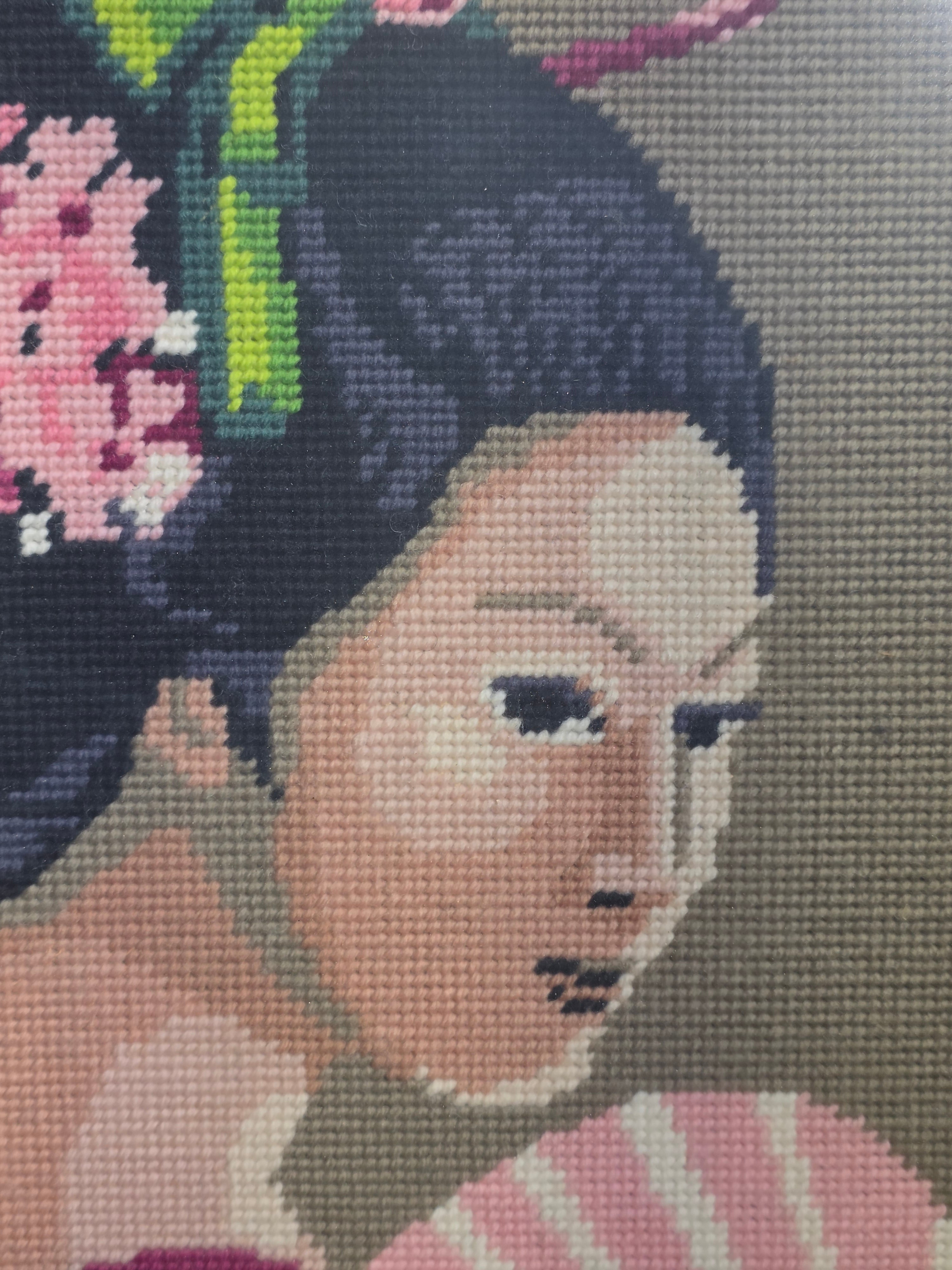 Vintage Framed Needlepoint Japanese Geisha Chinoiserie Faux Bamboo Gold Wall Art