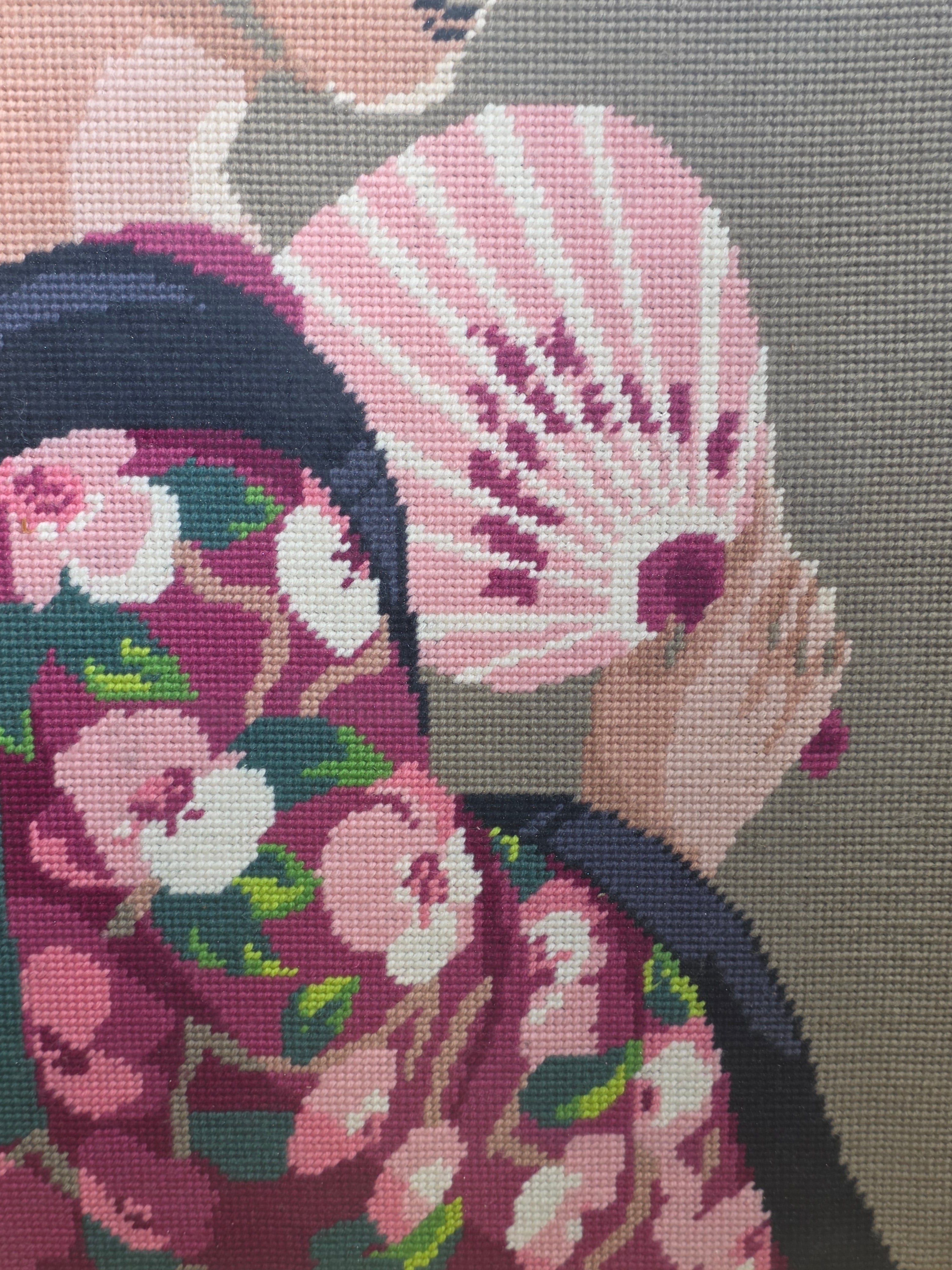 Vintage Framed Needlepoint Japanese Geisha Chinoiserie Faux Bamboo Gold Wall Art