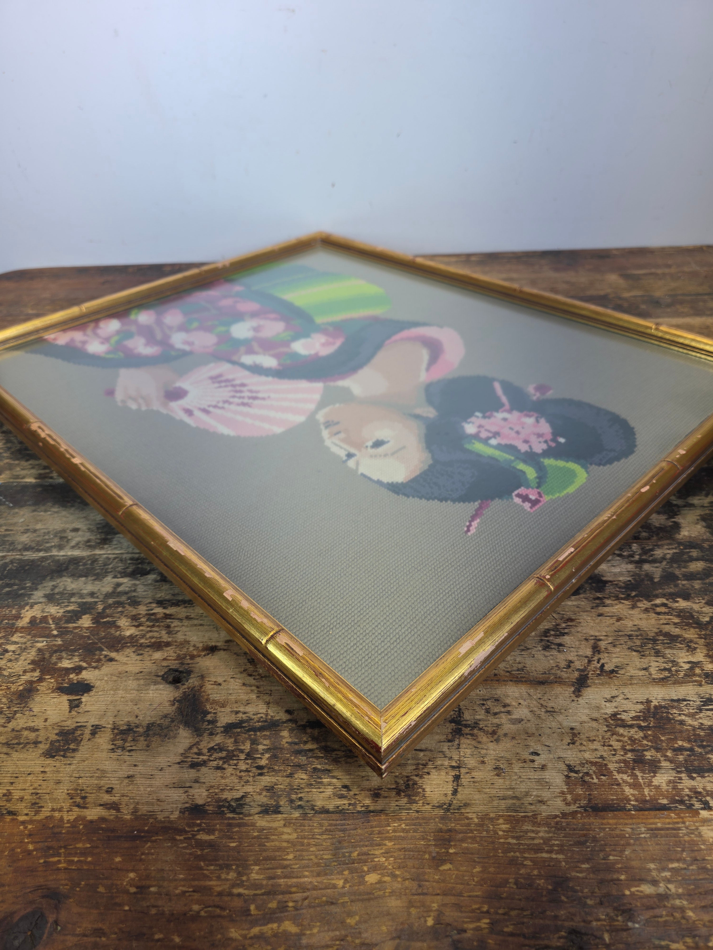 Vintage Framed Needlepoint Japanese Geisha Chinoiserie Faux Bamboo Gold Wall Art