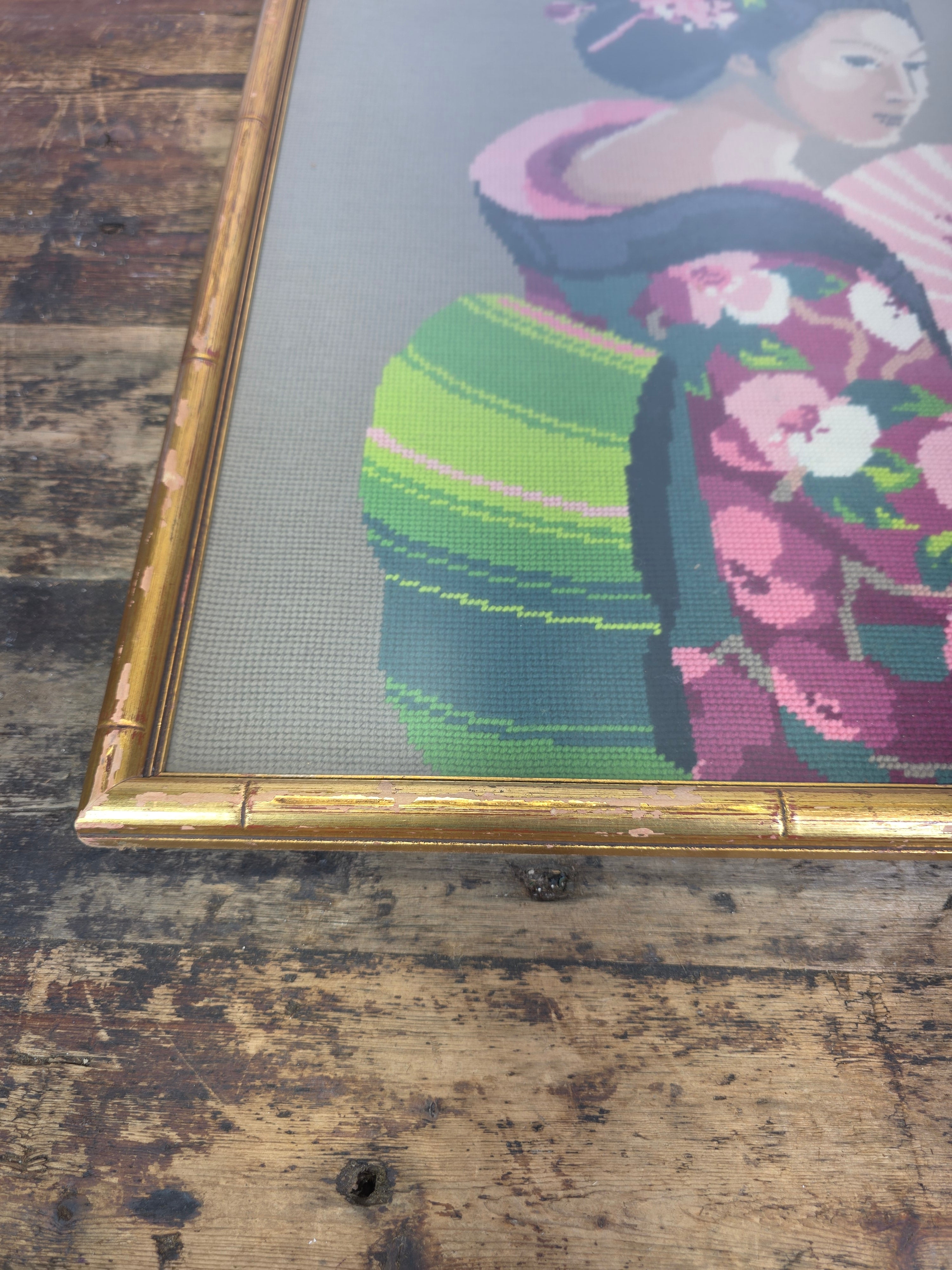 Vintage Framed Needlepoint Japanese Geisha Chinoiserie Faux Bamboo Gold Wall Art