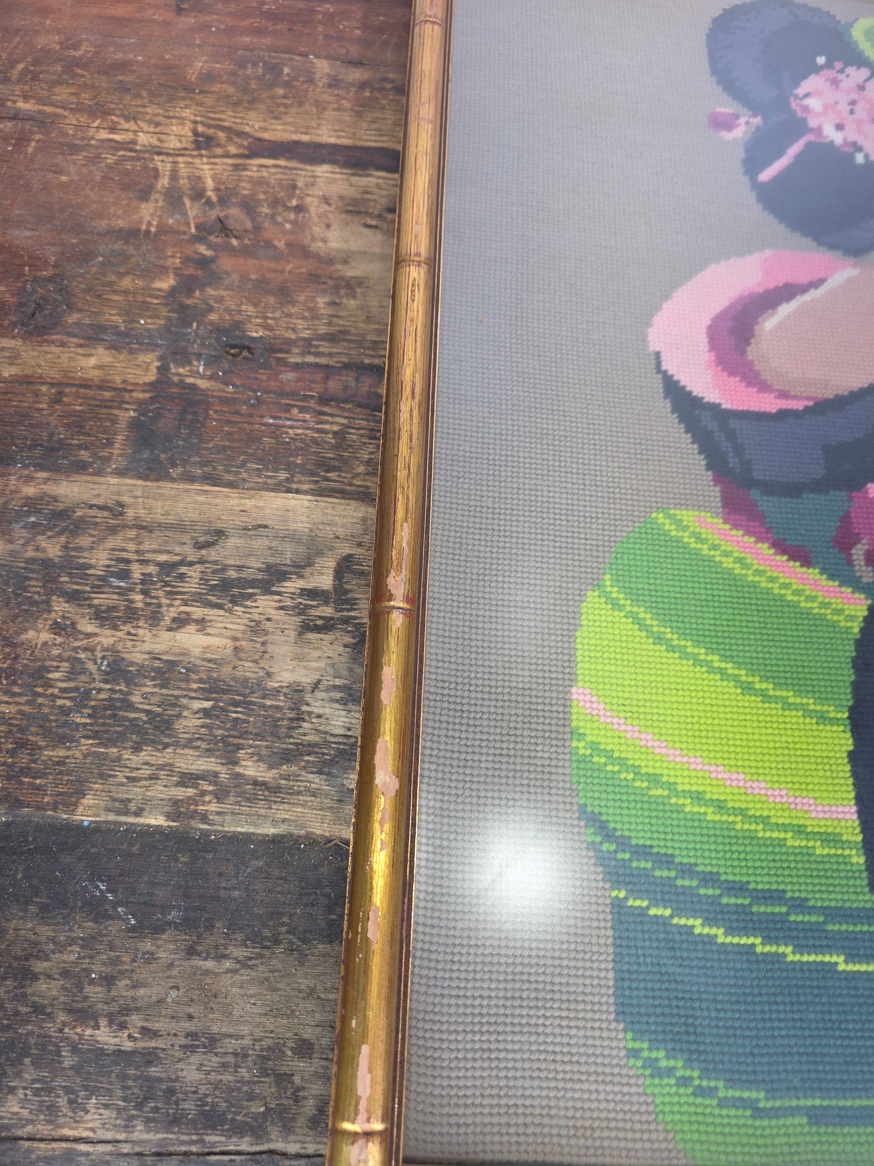 Vintage Framed Needlepoint Japanese Geisha Chinoiserie Faux Bamboo Gold Wall Art