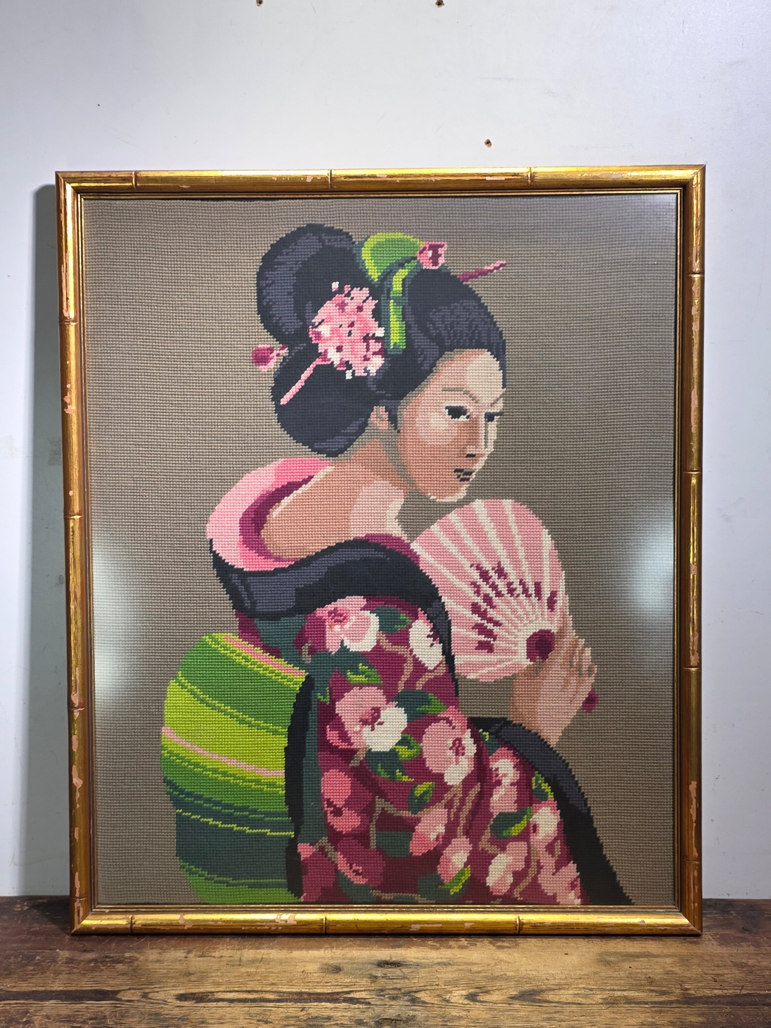 Vintage Framed Needlepoint Japanese Geisha Chinoiserie Faux Bamboo Gold Wall Art