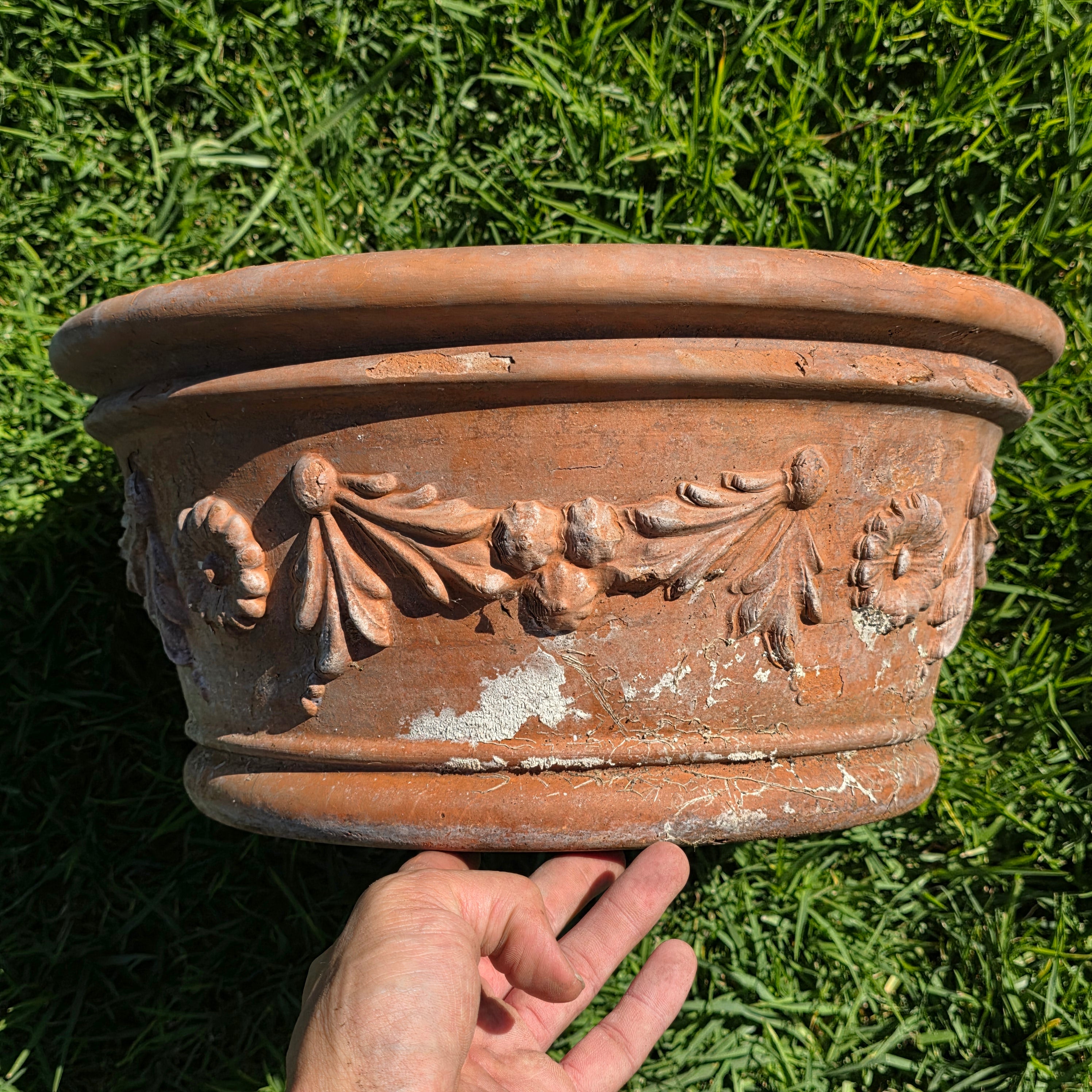 Vintage Deroma Italy Terracotta Planter Pot Festoon Garland Bowl 15.5" Patina
