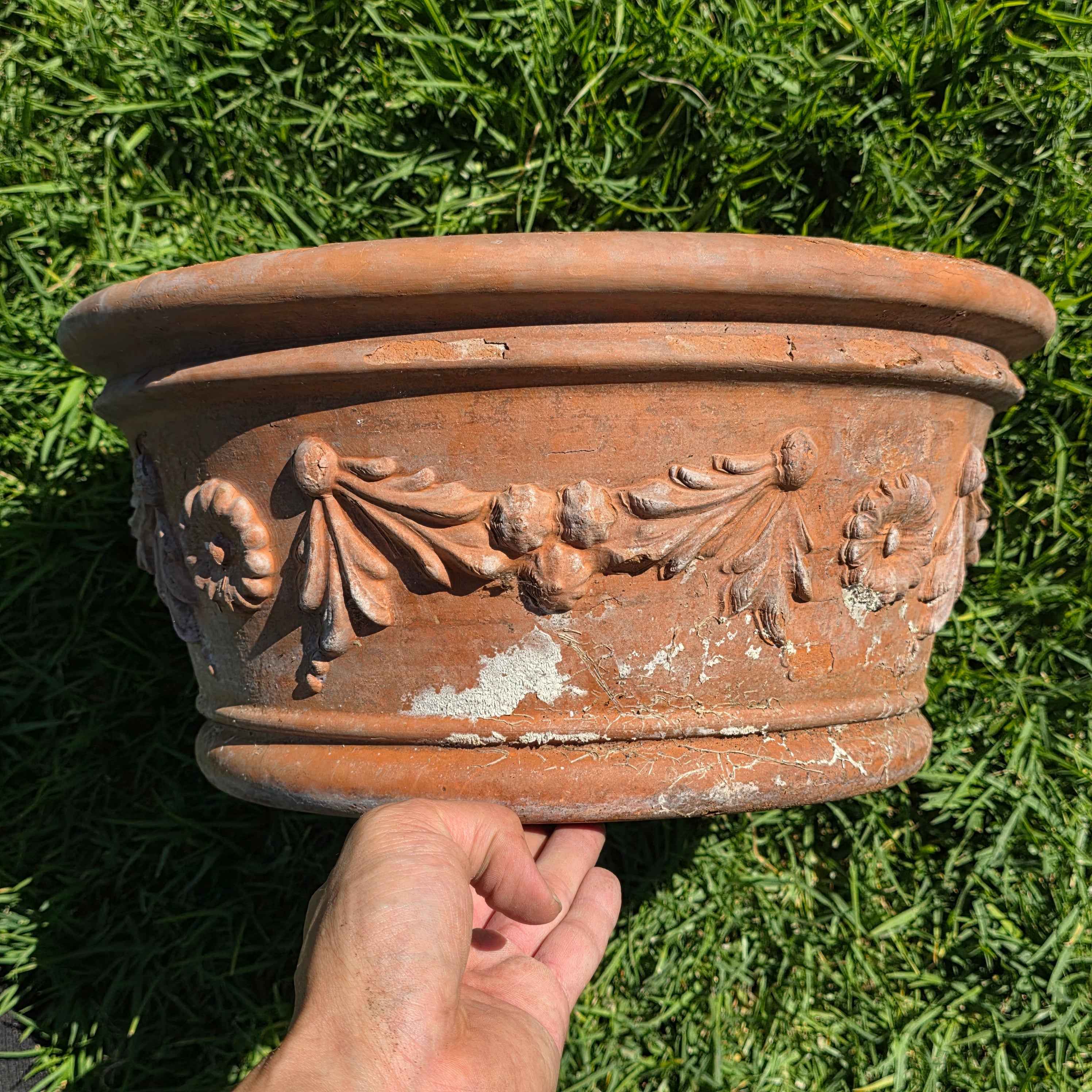 Vintage Deroma Italy Terracotta Planter Pot Festoon Garland Bowl 15.5" Patina