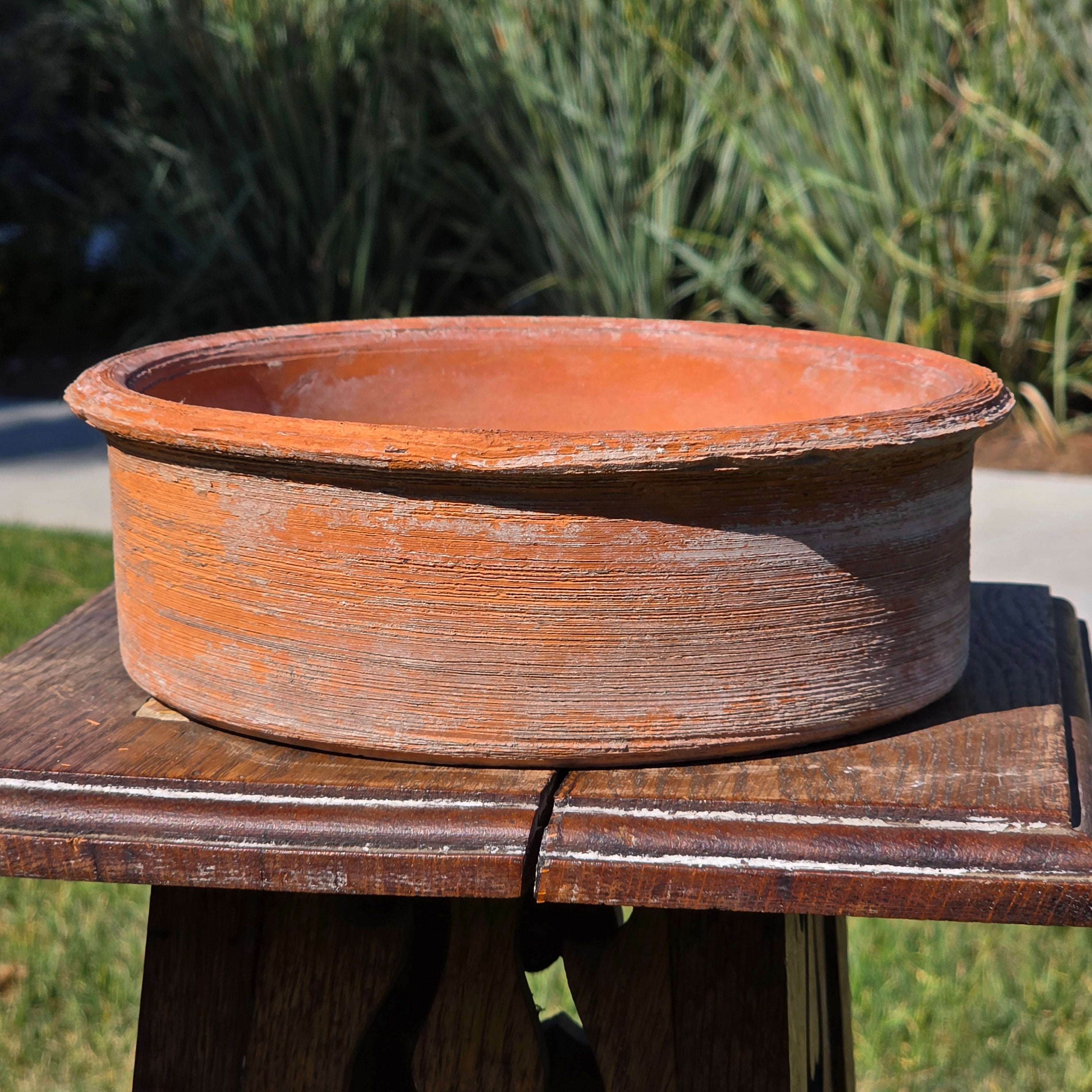 Vintage Terracotta Clay Shallow Bowl Planter Rustic Ribbed Garden Pot 8.75"