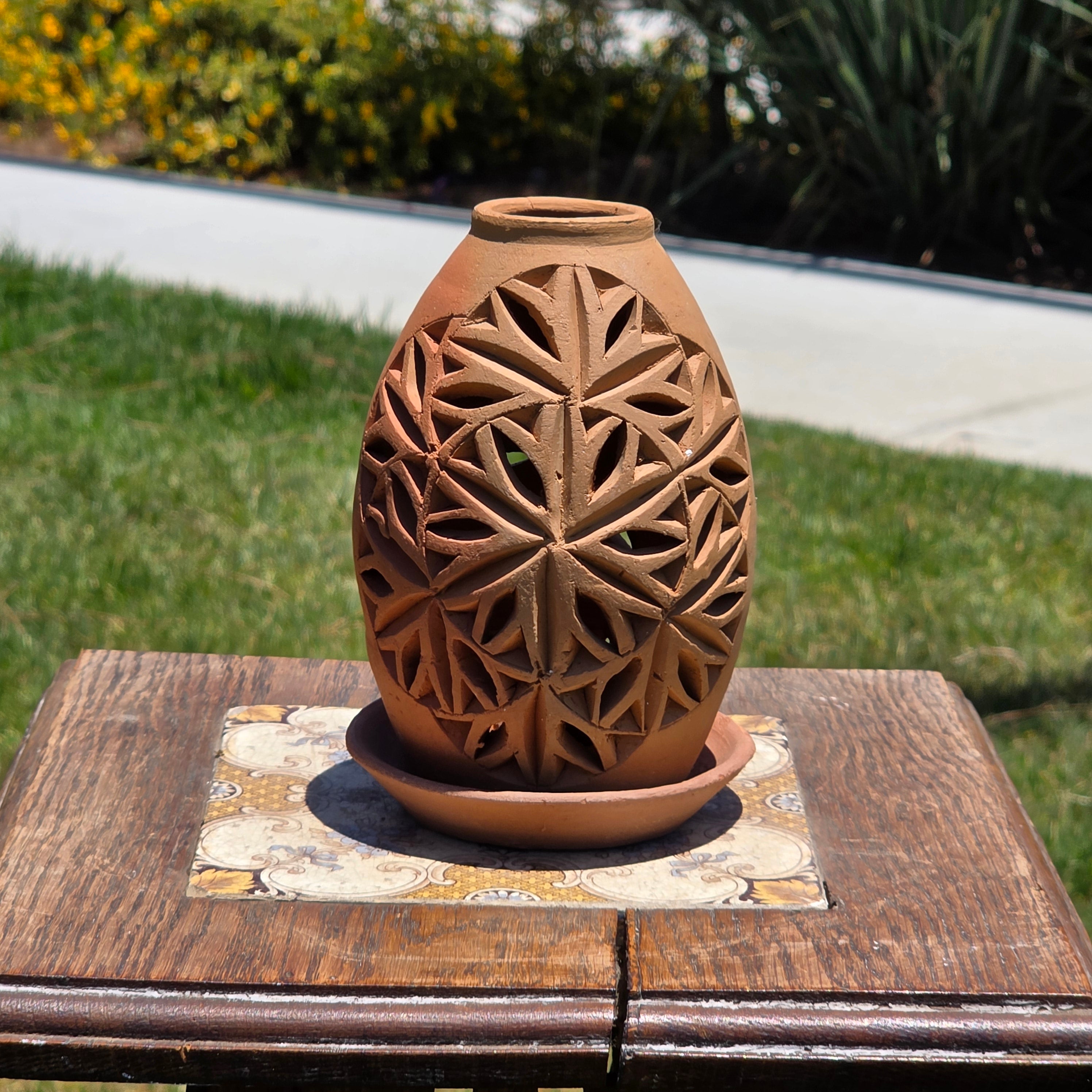 Vintage Terracotta Pierced Luminary Candle Holder Dome Rustic Clay Lantern