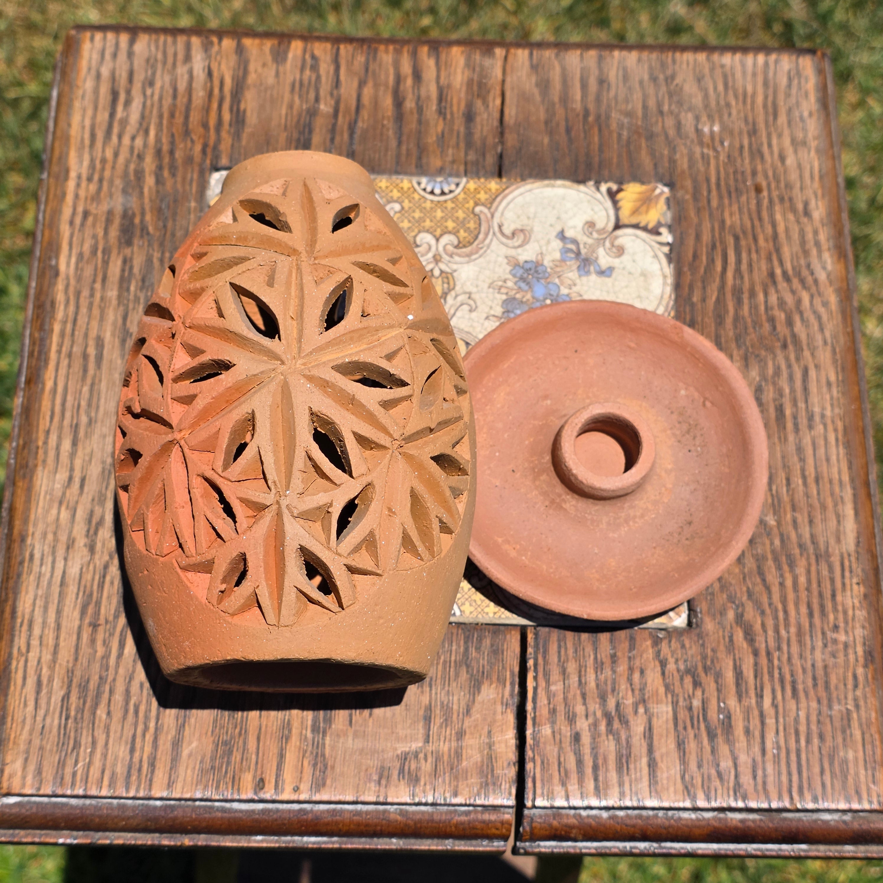 Vintage Terracotta Pierced Luminary Candle Holder Dome Rustic Clay Lantern