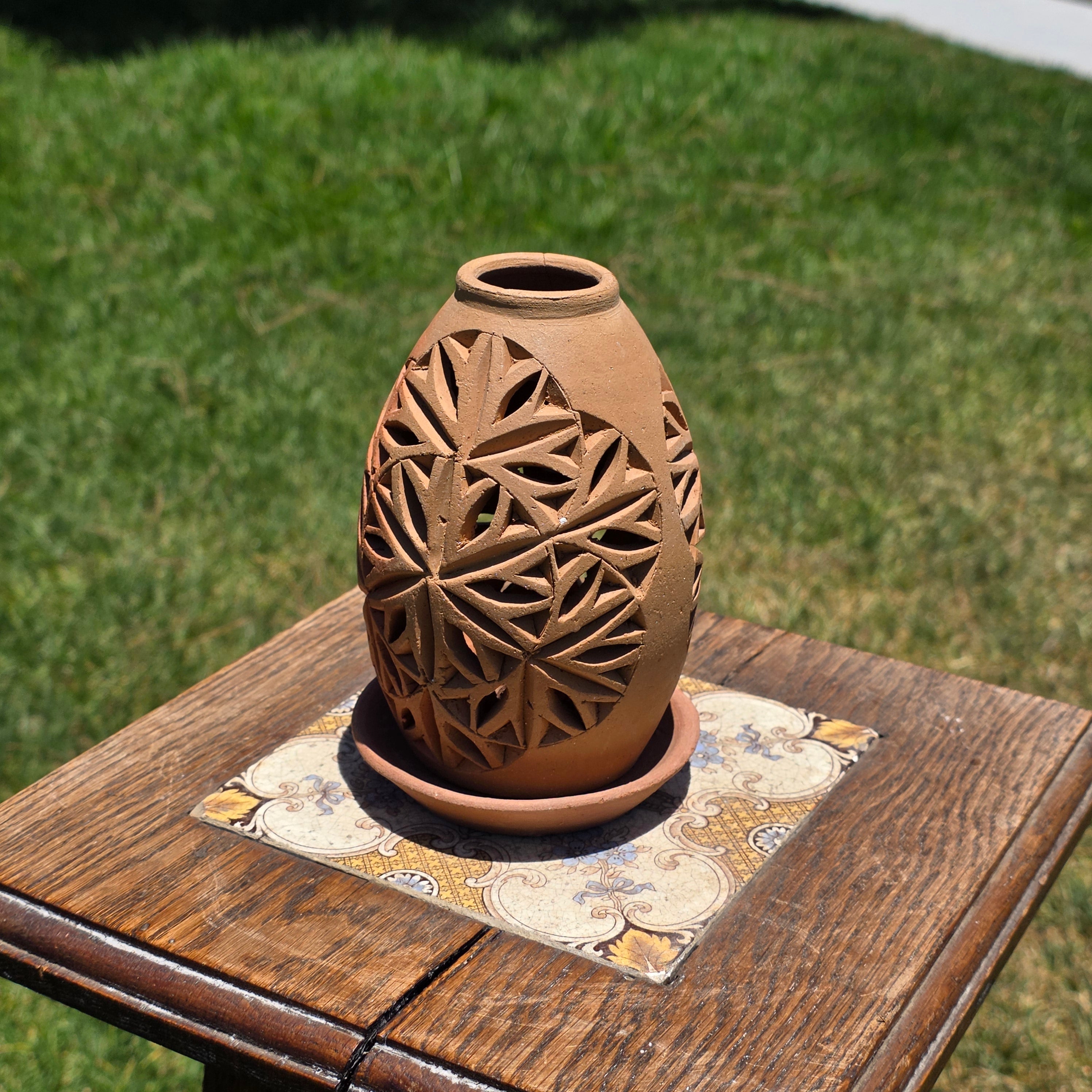 Vintage Terracotta Pierced Luminary Candle Holder Dome Rustic Clay Lantern