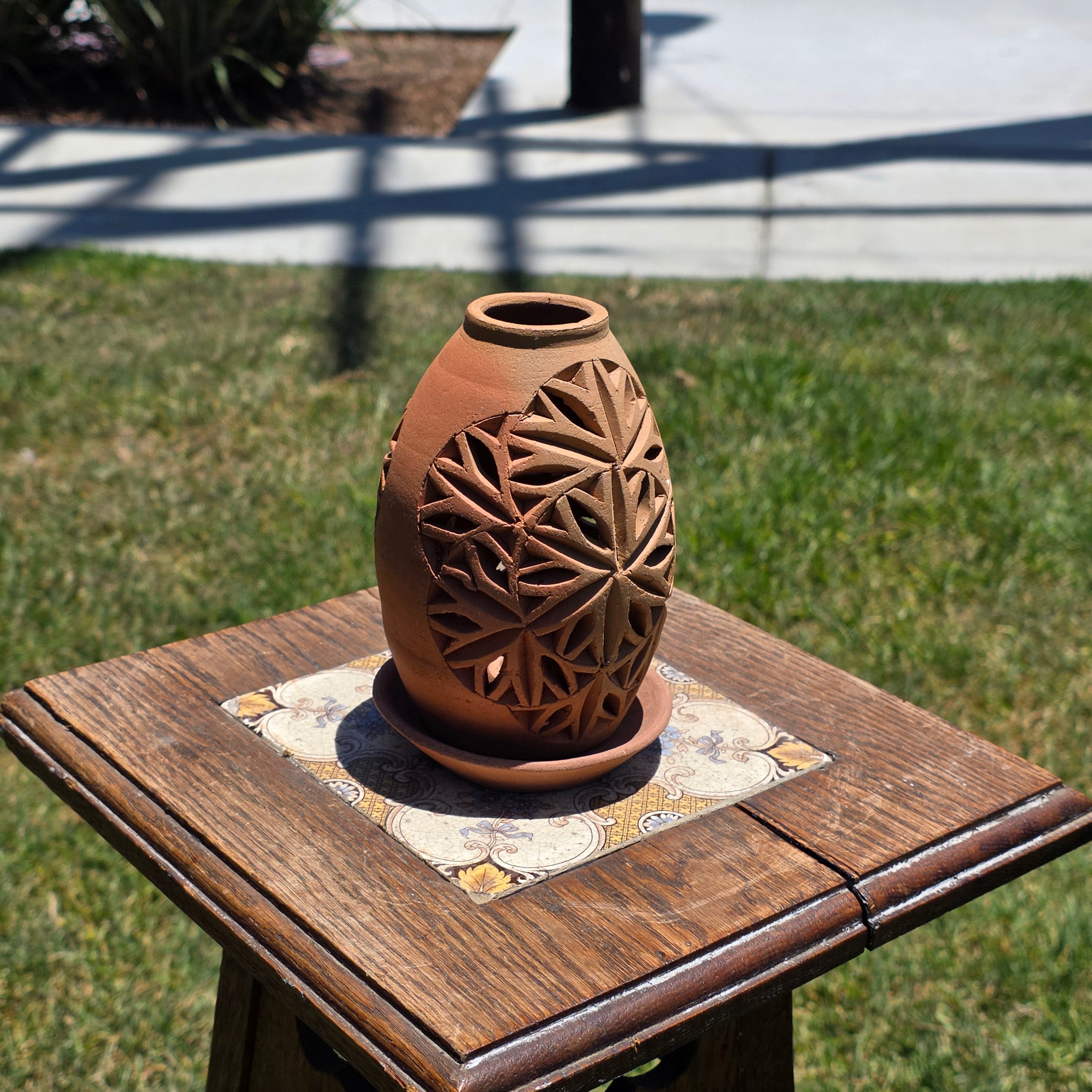 Vintage Terracotta Pierced Luminary Candle Holder Dome Rustic Clay Lantern