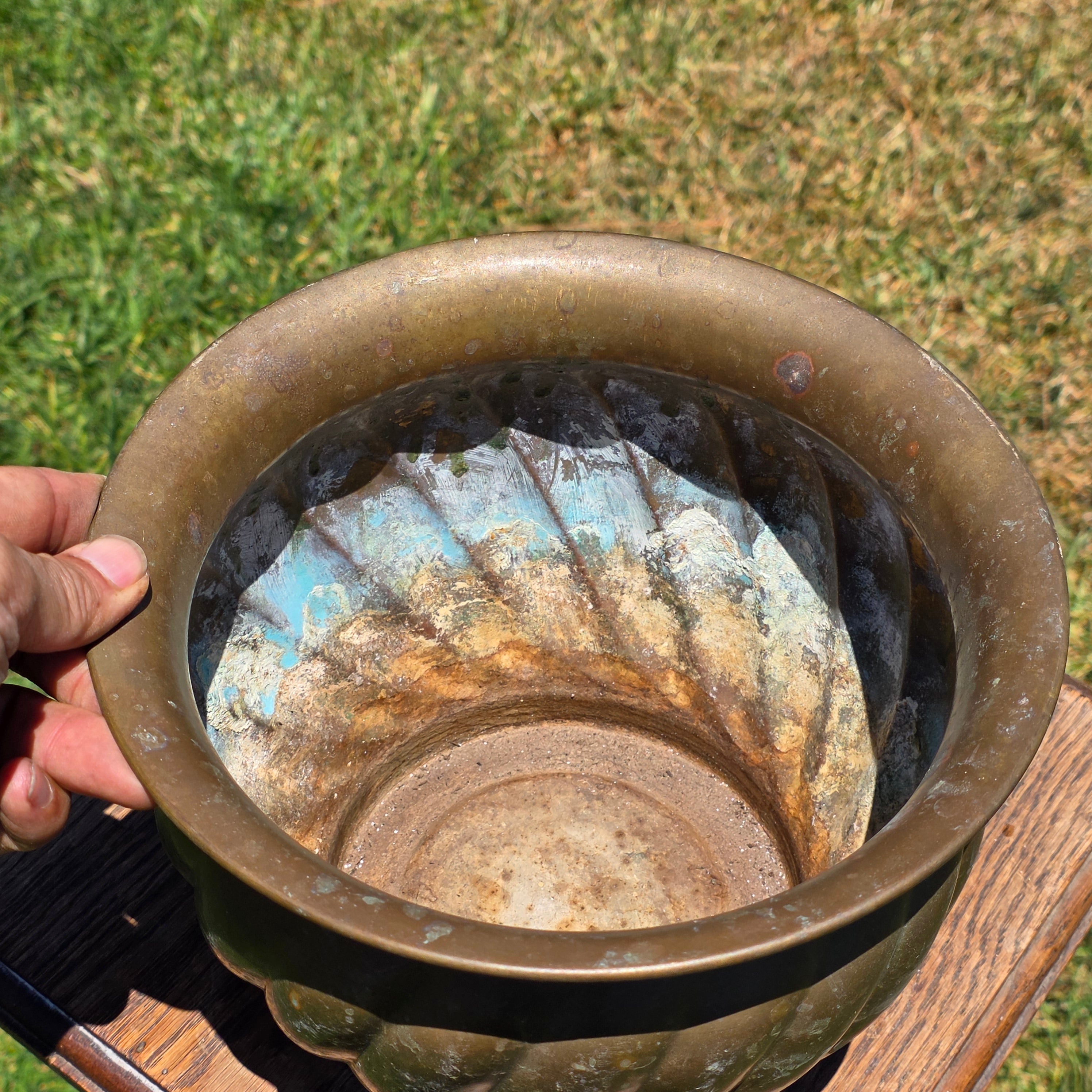 Vintage Brass Planter Pot Swirl Fluted Jardiniere Verdigris Patina 9" Boho