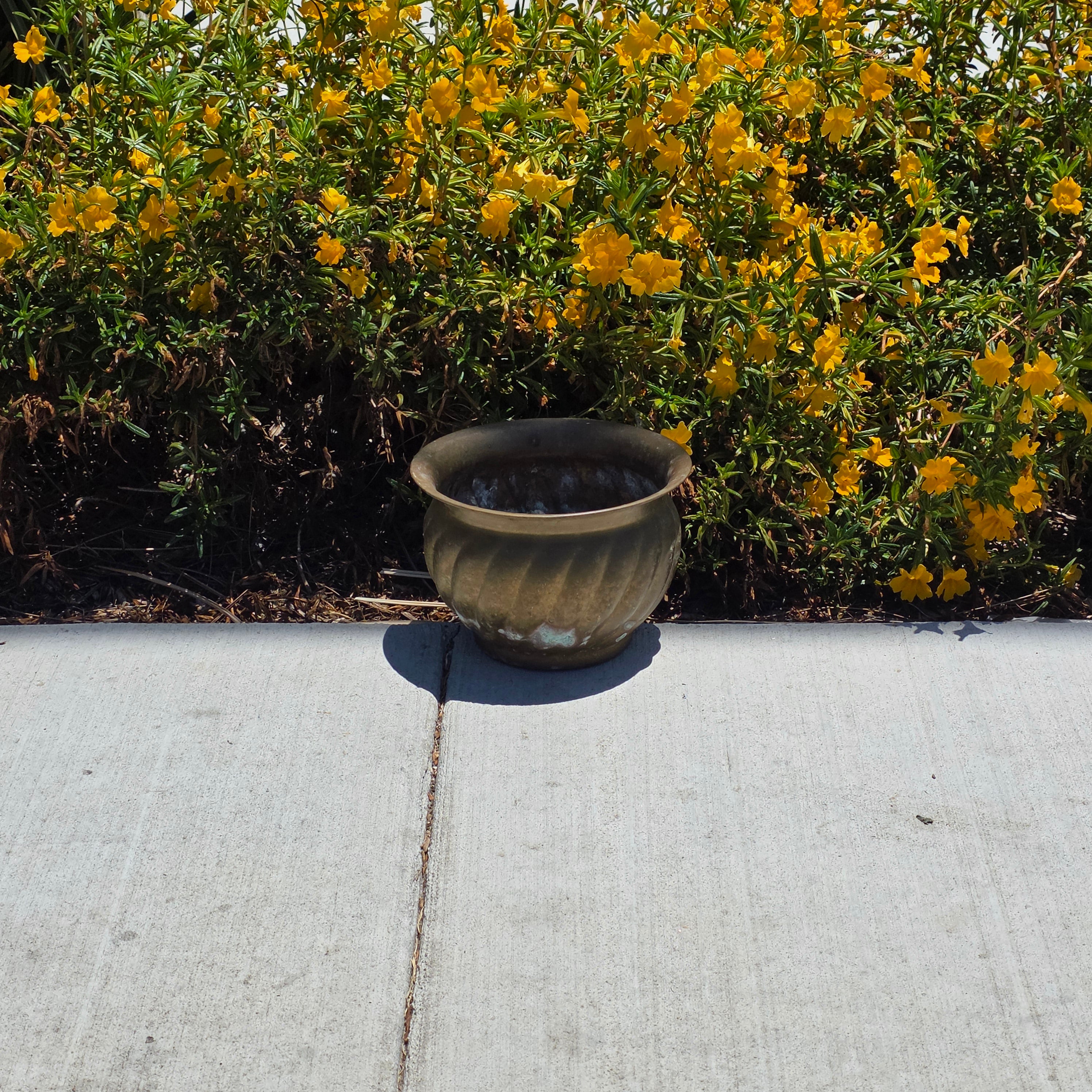 Vintage Brass Planter Pot Swirl Fluted Jardiniere Verdigris Patina 9" Boho