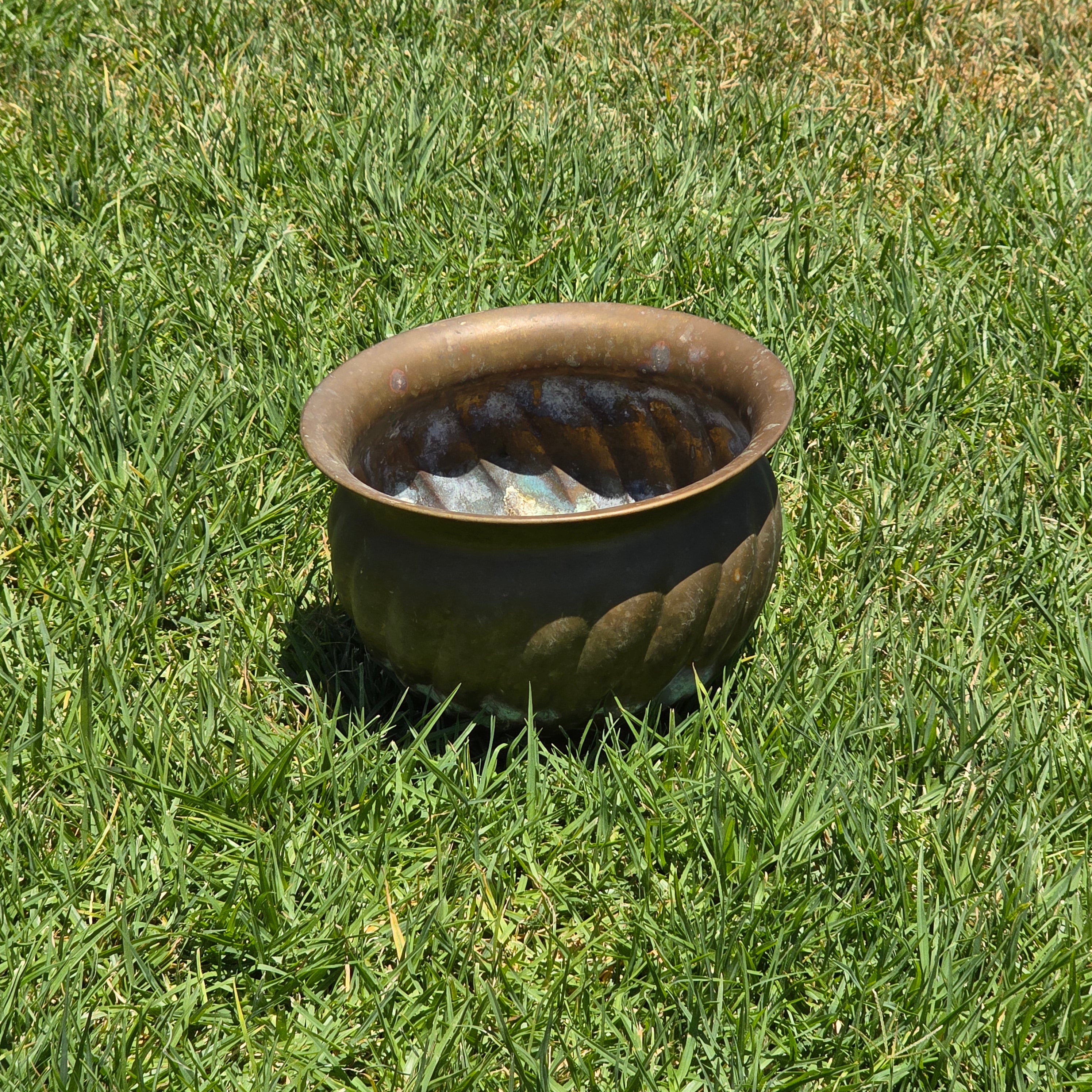 Vintage Brass Planter Pot Swirl Fluted Jardiniere Verdigris Patina 9" Boho