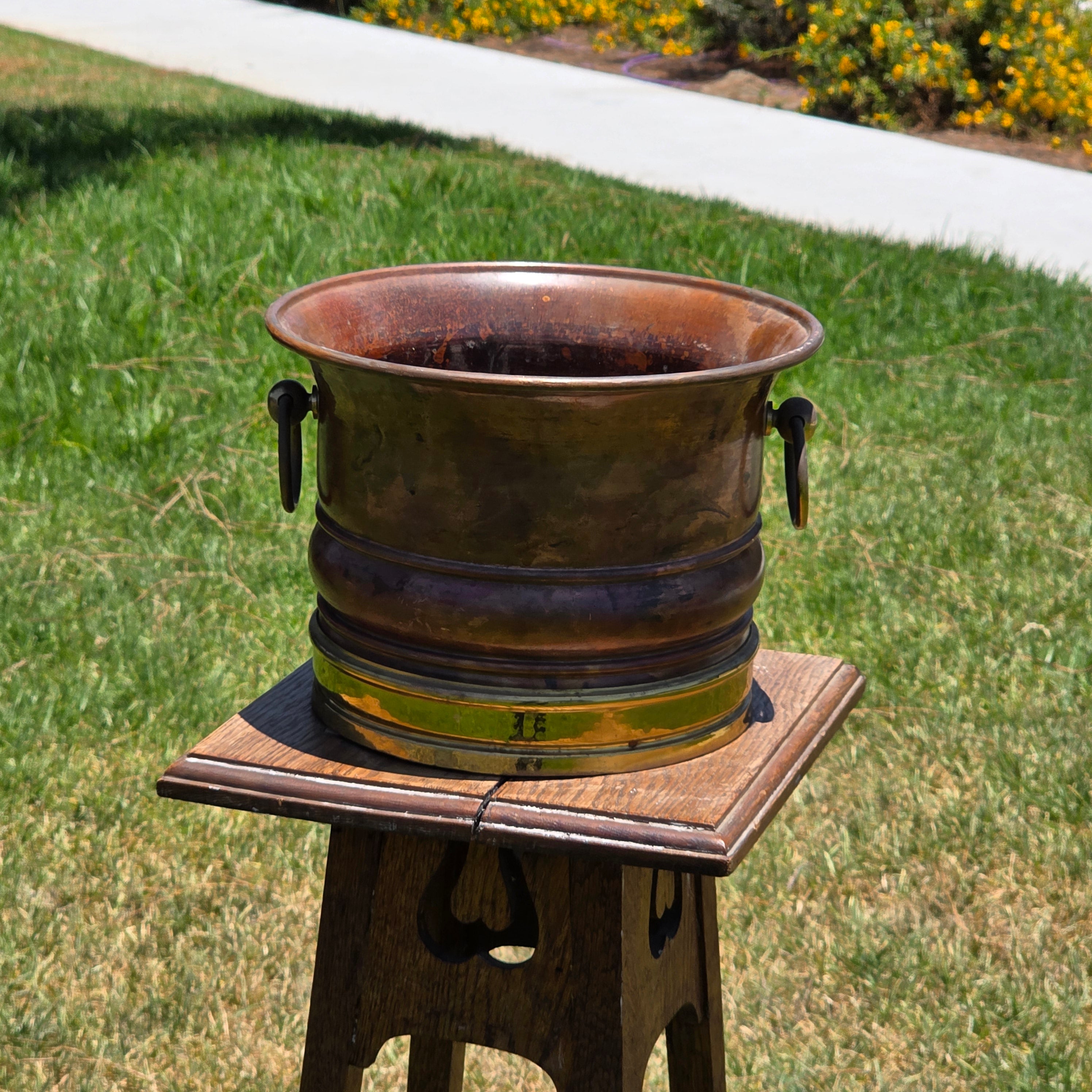 Vintage Copper Brass Cachepot Planter Pot Ring Handles Rustic Jardiniere 10.5"