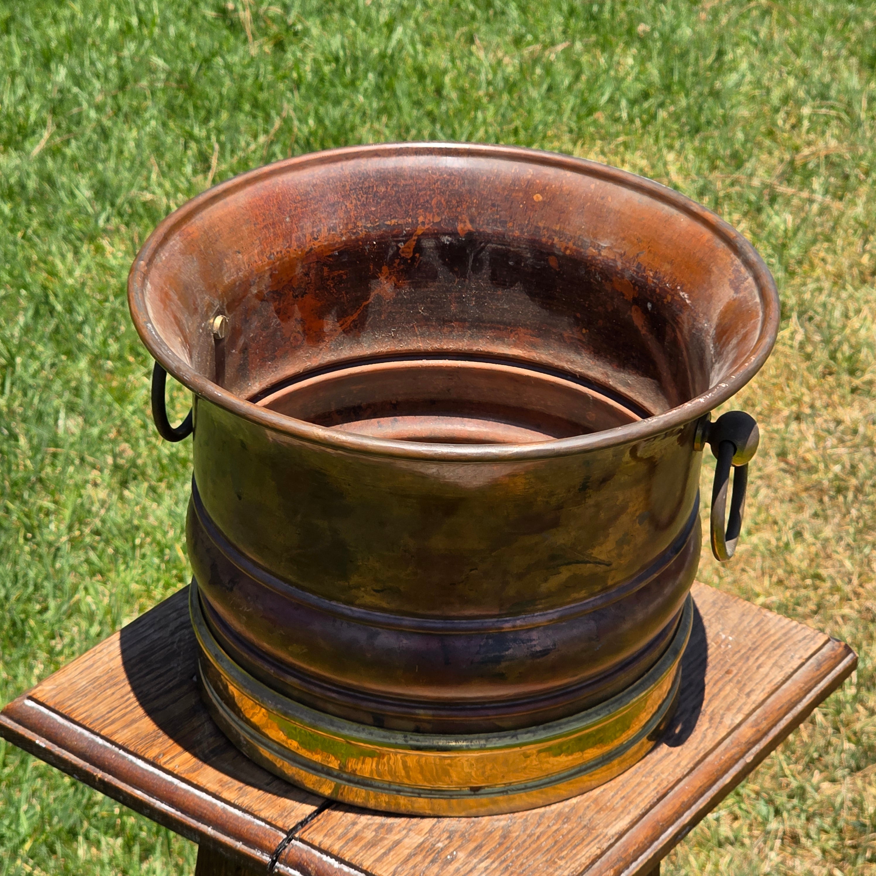 Vintage Copper Brass Cachepot Planter Pot Ring Handles Rustic Jardiniere 10.5"