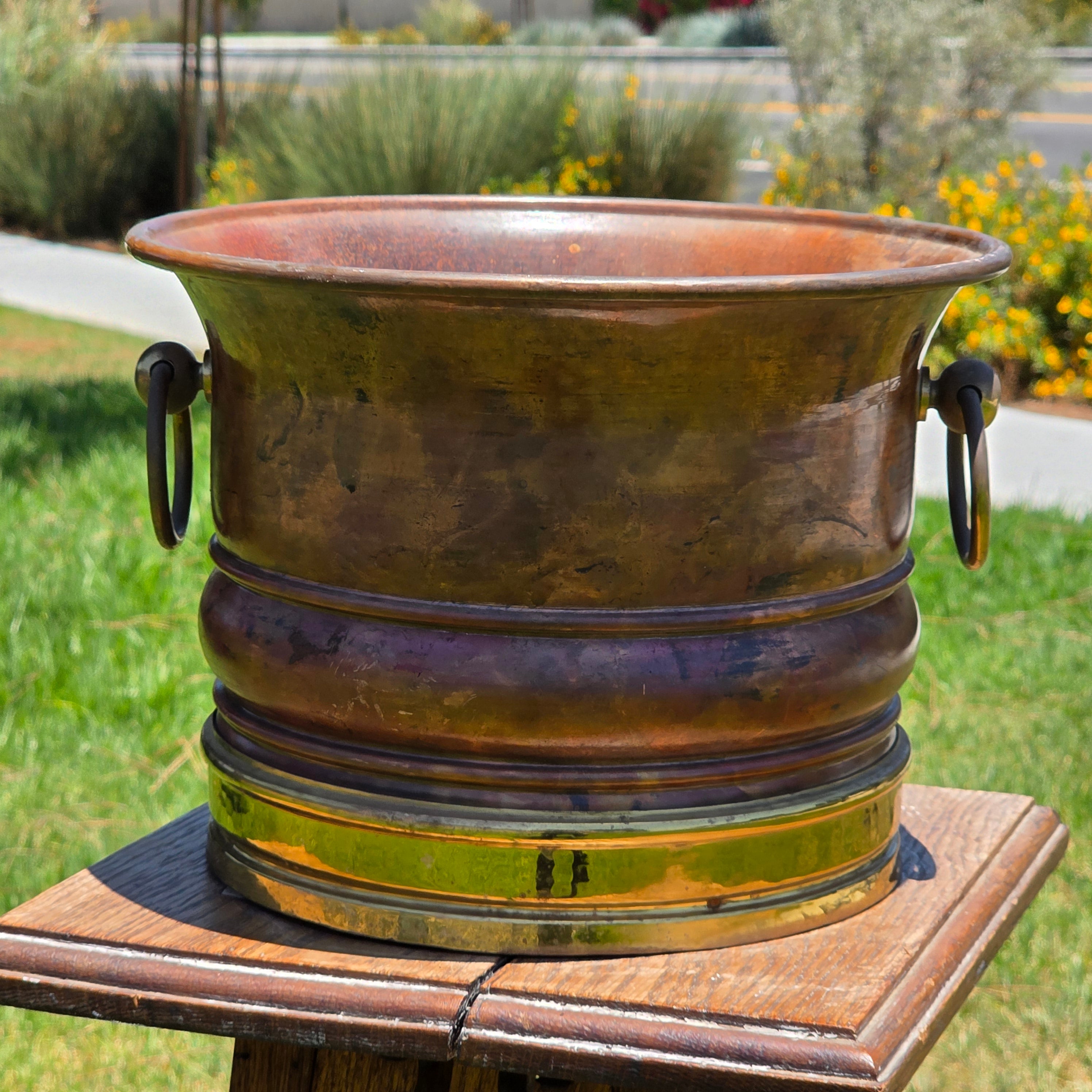 Vintage Copper Brass Cachepot Planter Pot Ring Handles Rustic Jardiniere 10.5"