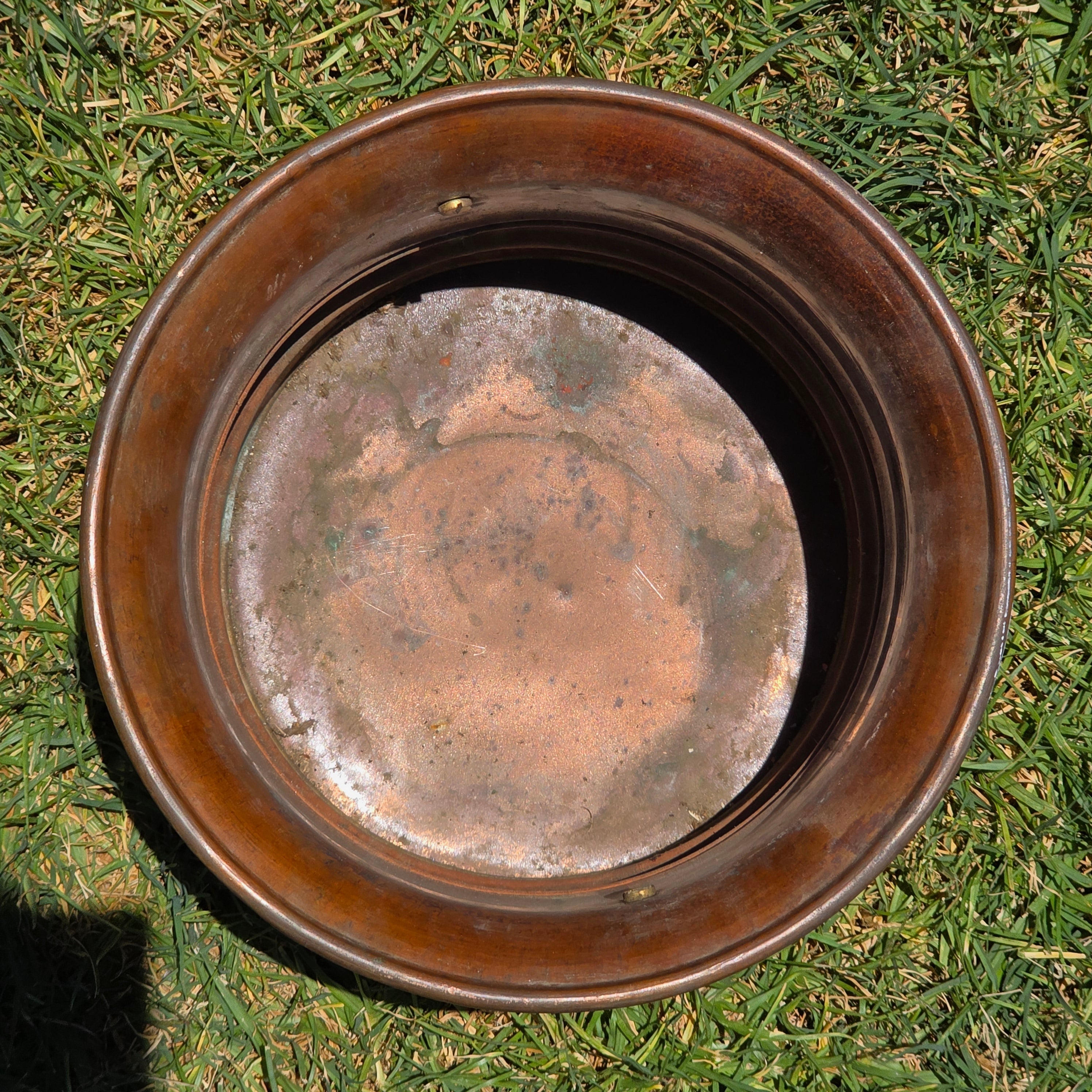 Vintage Copper Brass Cachepot Planter Pot Ring Handles Rustic Jardiniere 10.5"