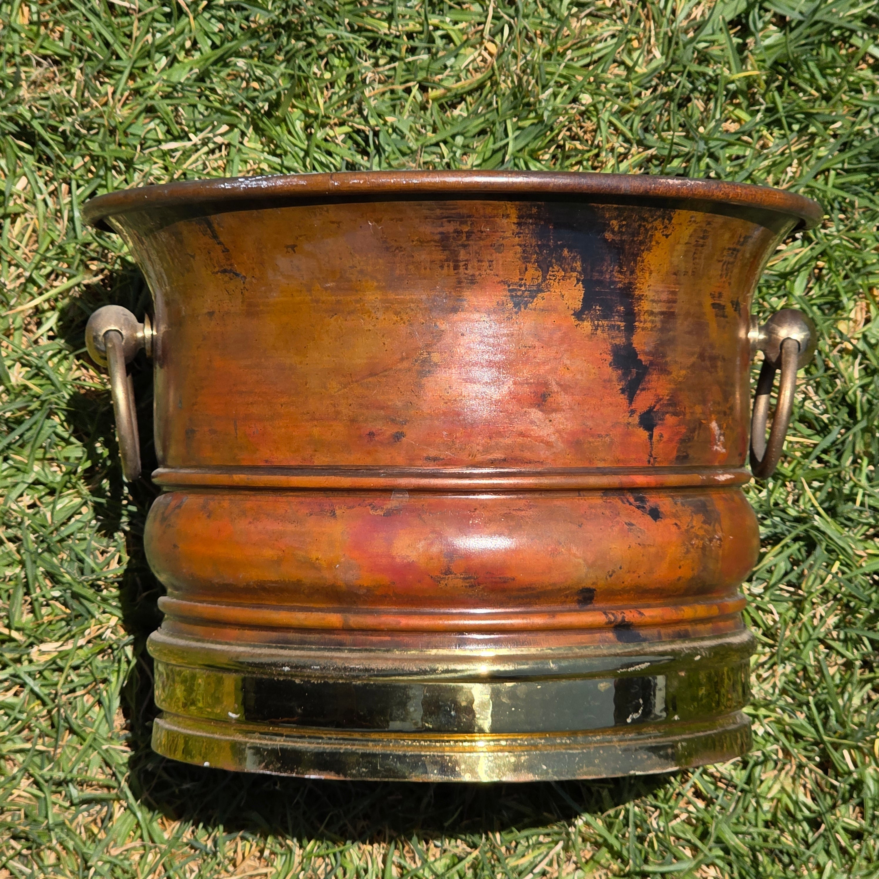 Vintage Copper Brass Cachepot Planter Pot Ring Handles Rustic Jardiniere 10.5"