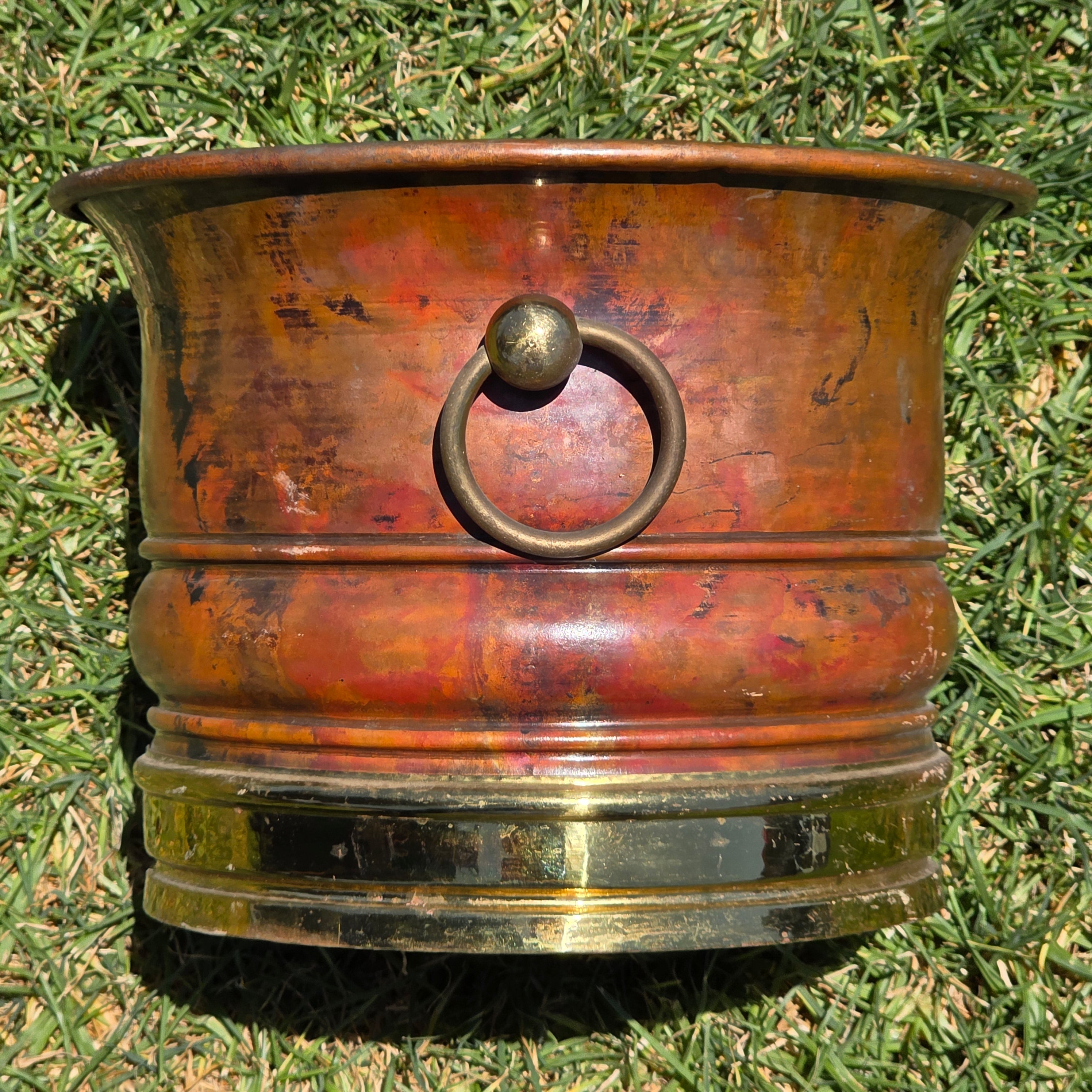 Vintage Copper Brass Cachepot Planter Pot Ring Handles Rustic Jardiniere 10.5"