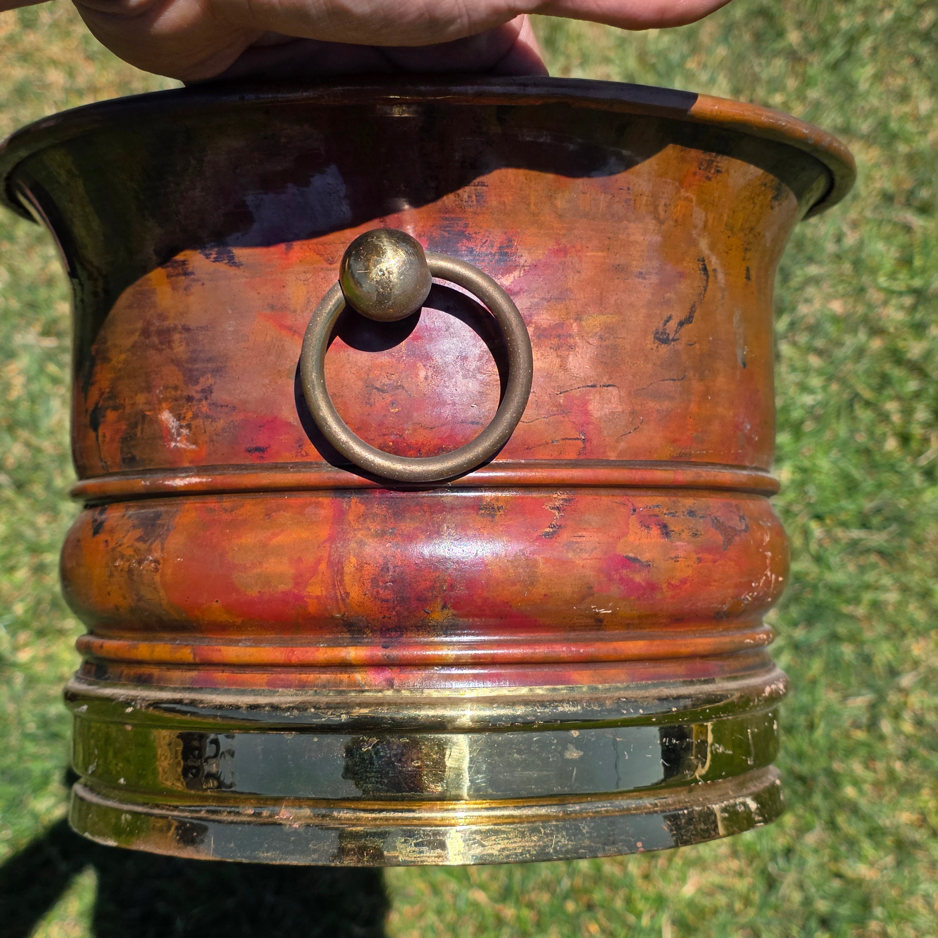 Vintage Copper Brass Cachepot Planter Pot Ring Handles Rustic Jardiniere 10.5"
