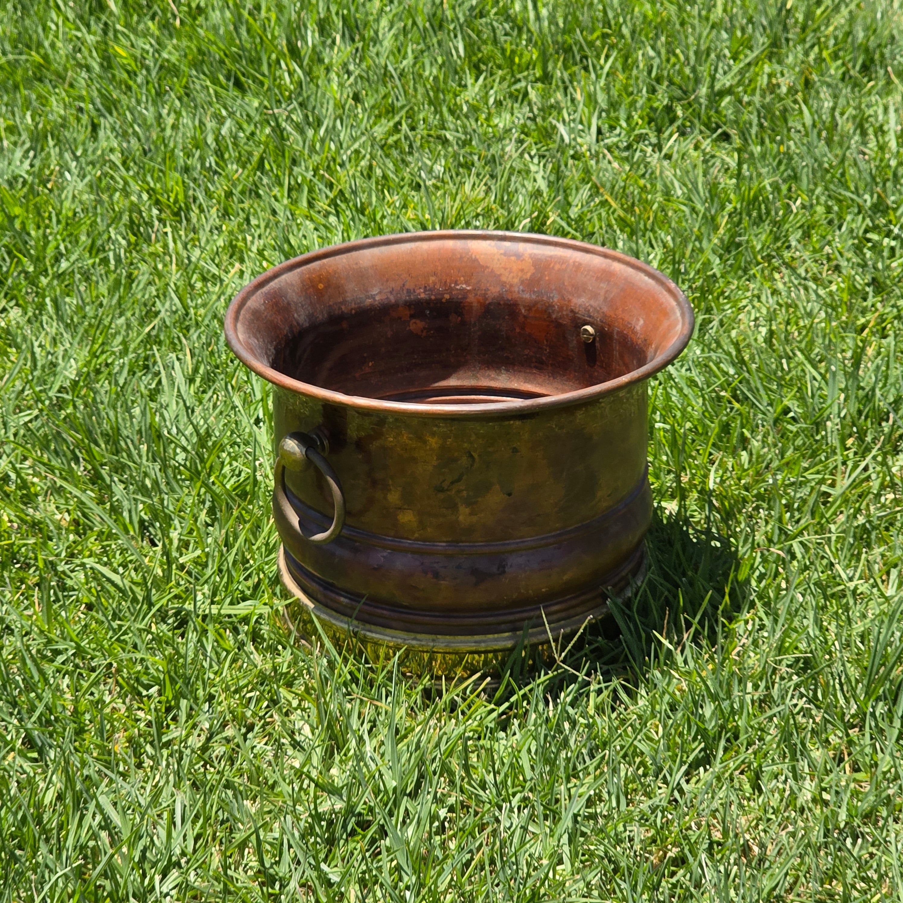 Vintage Copper Brass Cachepot Planter Pot Ring Handles Rustic Jardiniere 10.5"