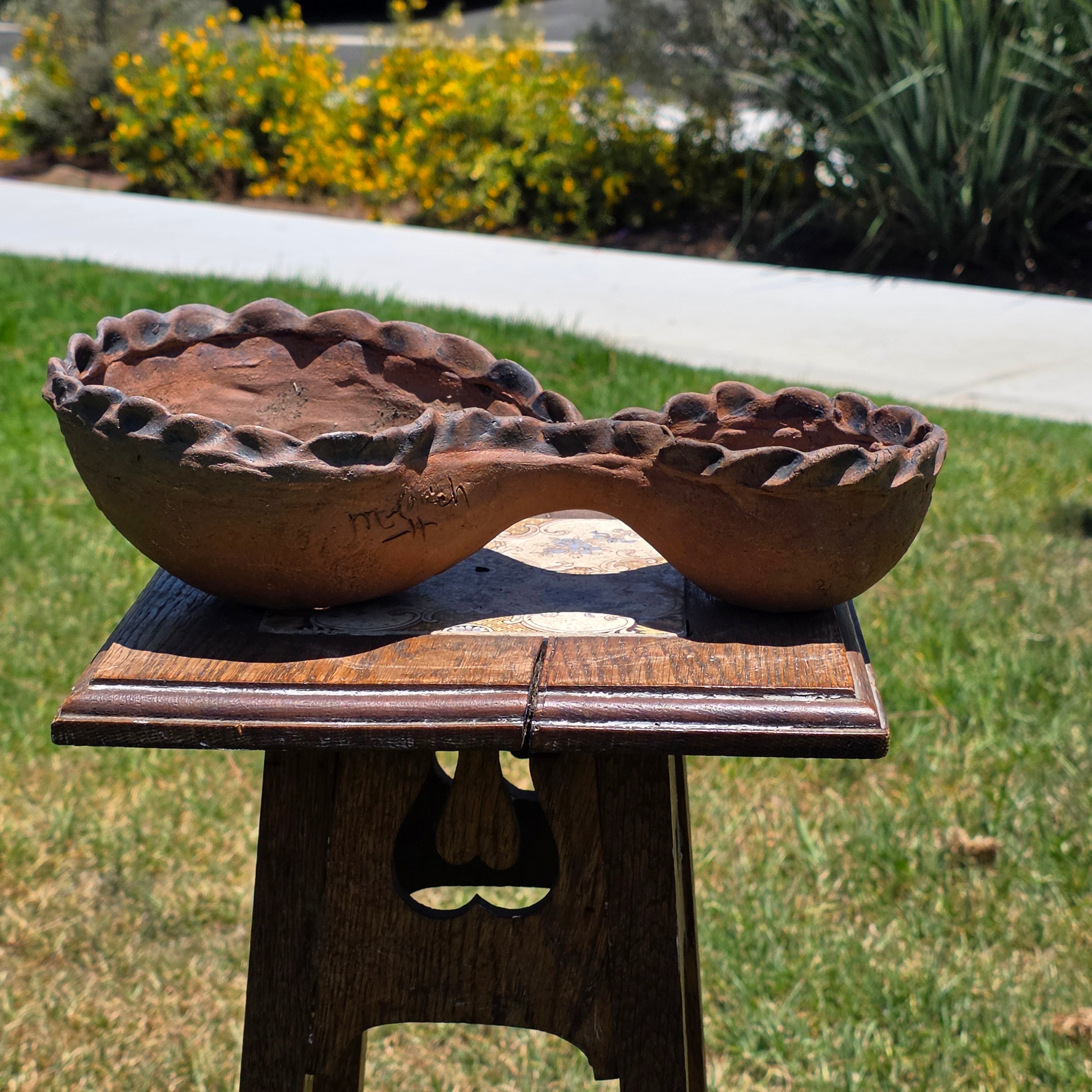 Vintage Terracotta Clay Double Bowl Planter Pinched Edge Rustic Studio Pottery