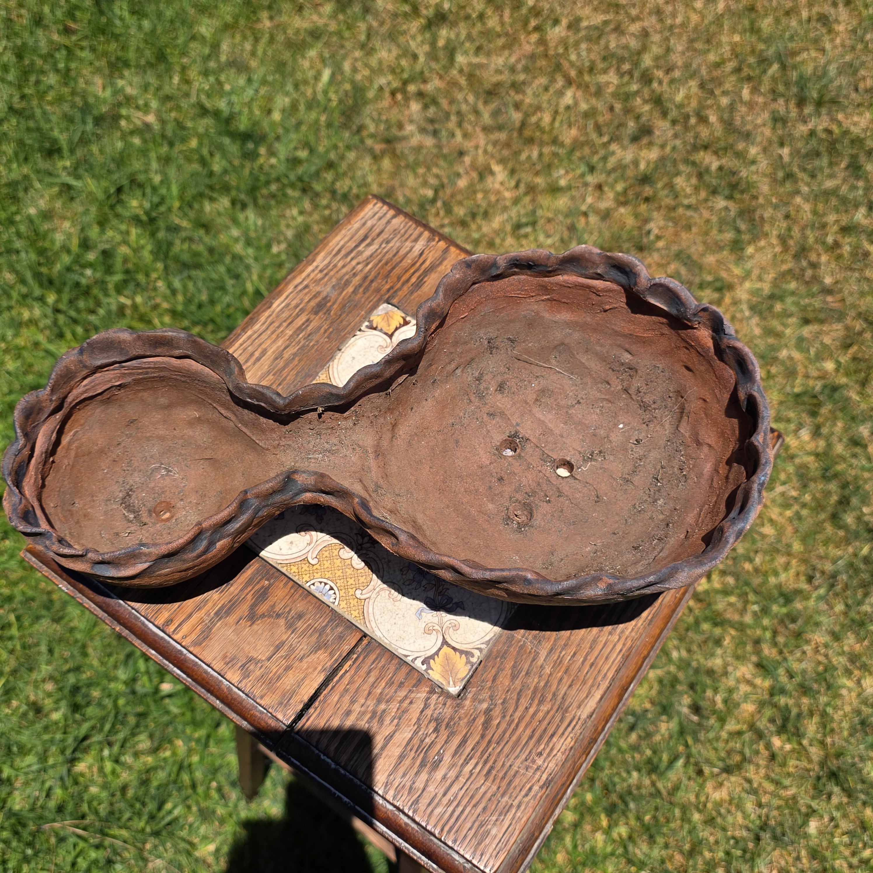 Vintage Terracotta Clay Double Bowl Planter Pinched Edge Rustic Studio Pottery