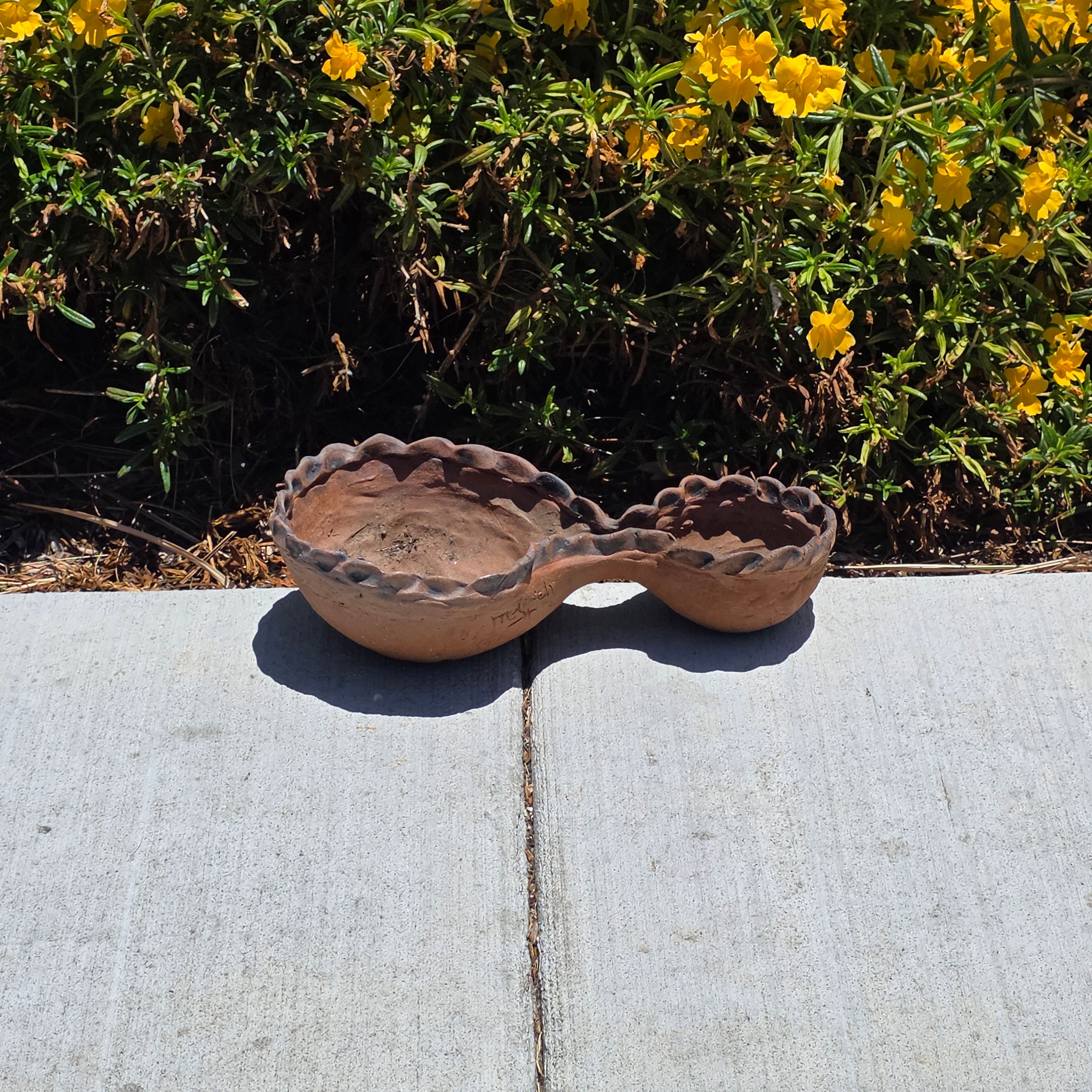 Vintage Terracotta Clay Double Bowl Planter Pinched Edge Rustic Studio Pottery