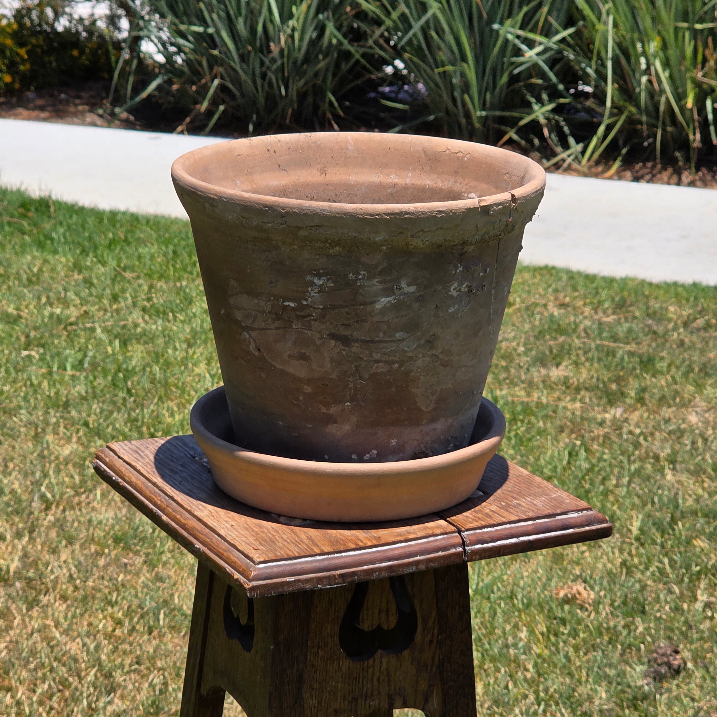 Vintage Terracotta Planter Pot w/ Saucer Weathered Rustic Shabby Chic Cracked