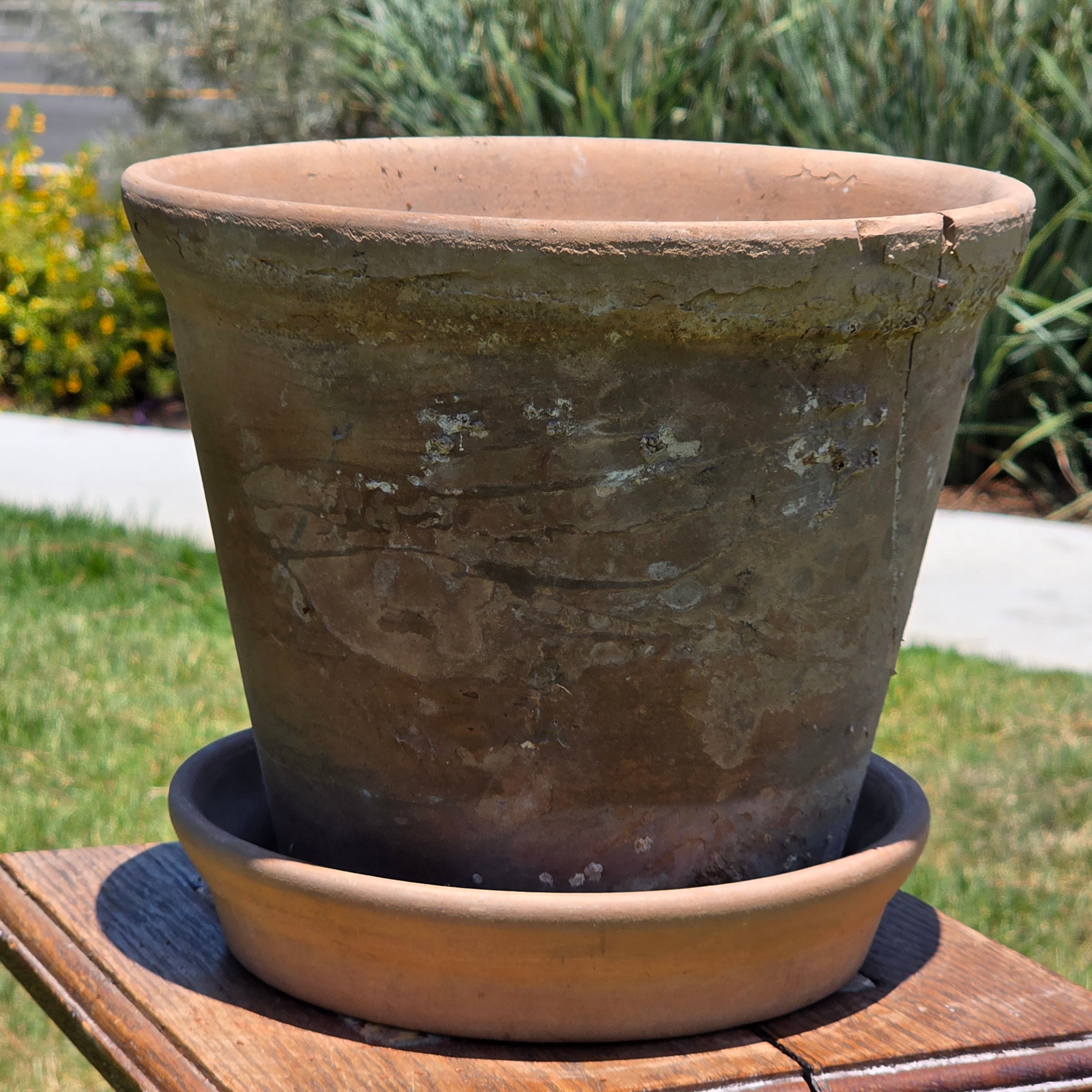 Vintage Terracotta Planter Pot w/ Saucer Weathered Rustic Shabby Chic Cracked
