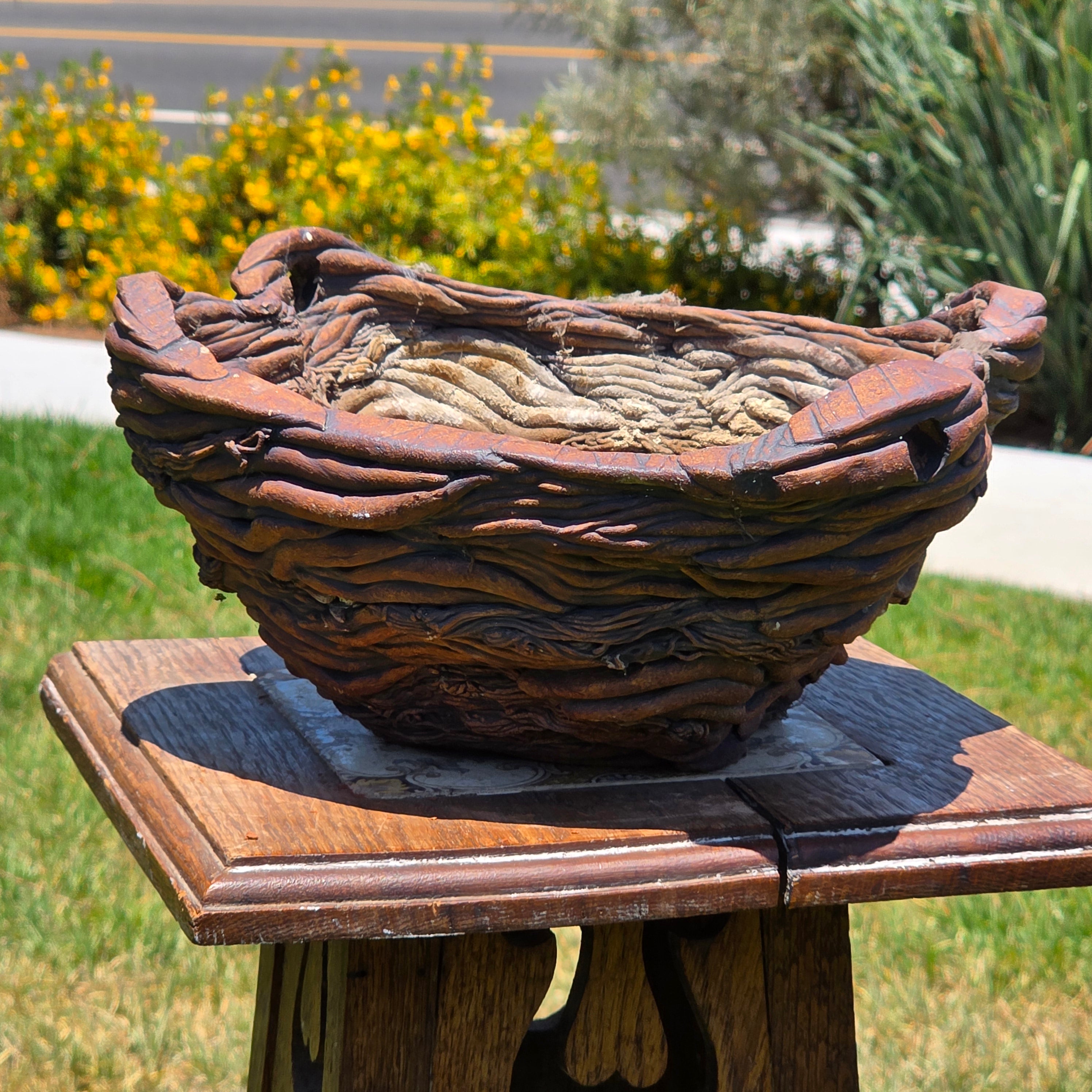 Vintage Faux Bois Root Vine Hanging Planter Heavy Pottery Rustic Brutalist Wabi