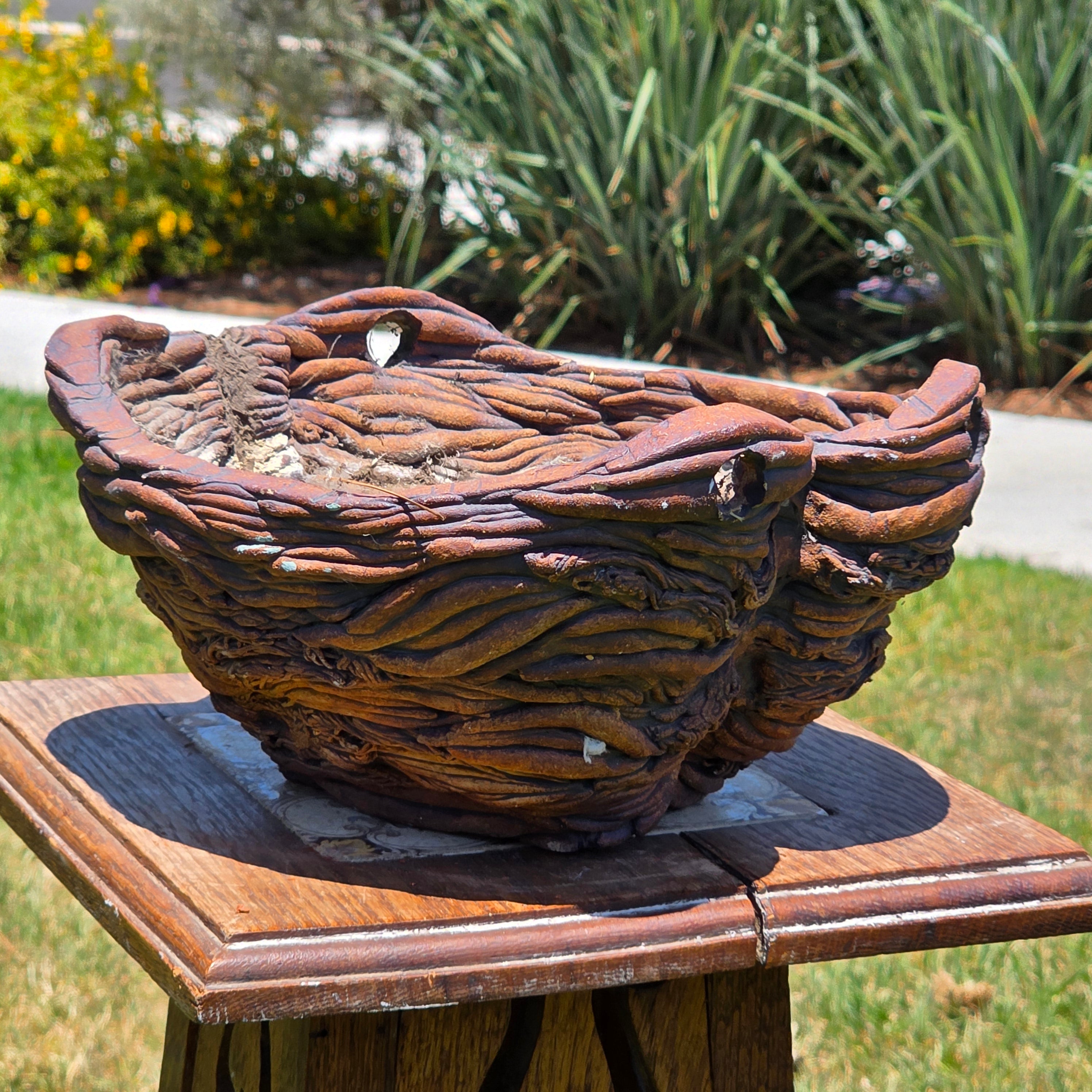 Vintage Faux Bois Root Vine Hanging Planter Heavy Pottery Rustic Brutalist Wabi