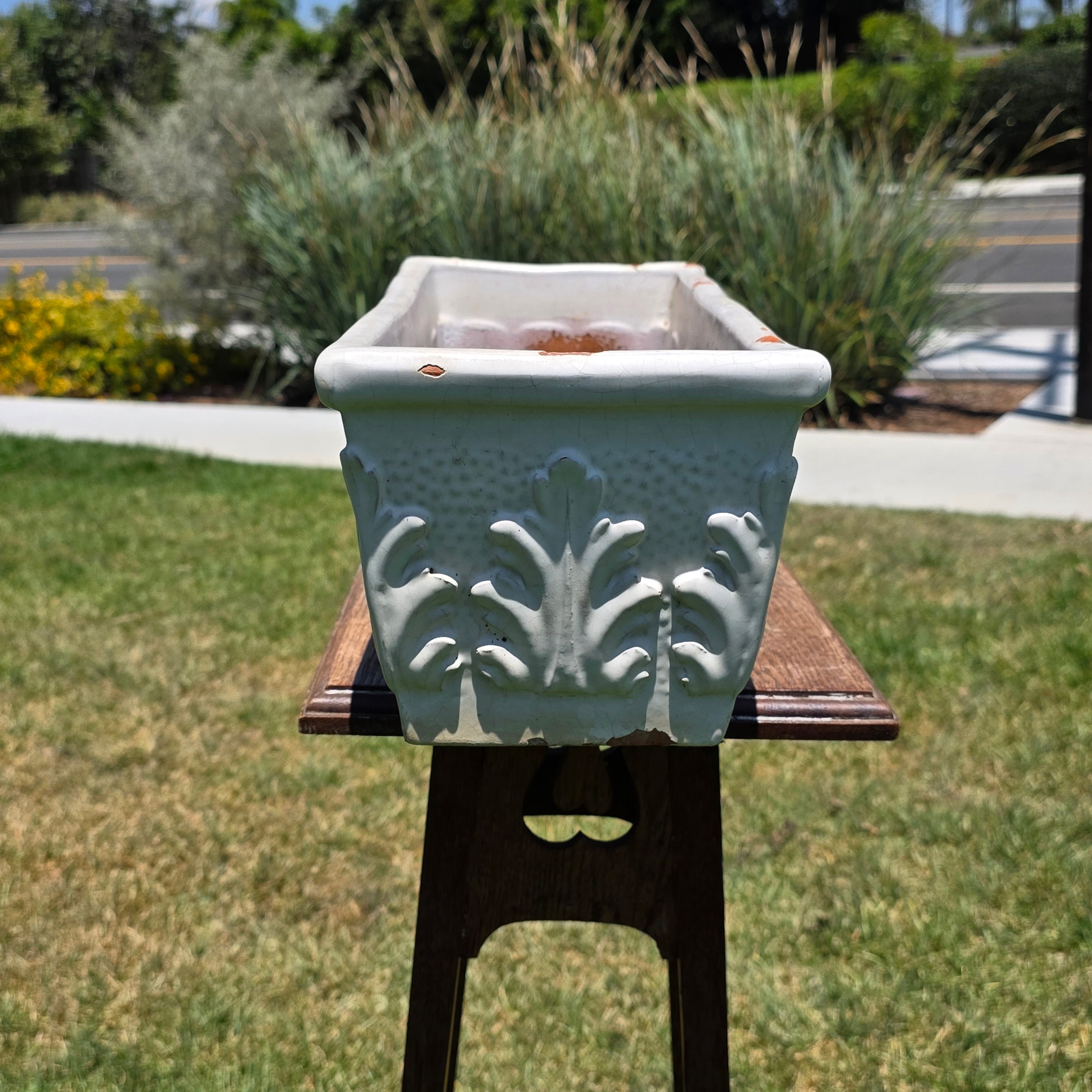 Vintage Italian White Glaze Terra Cotta Rectangular Planter Window Box Acanthus