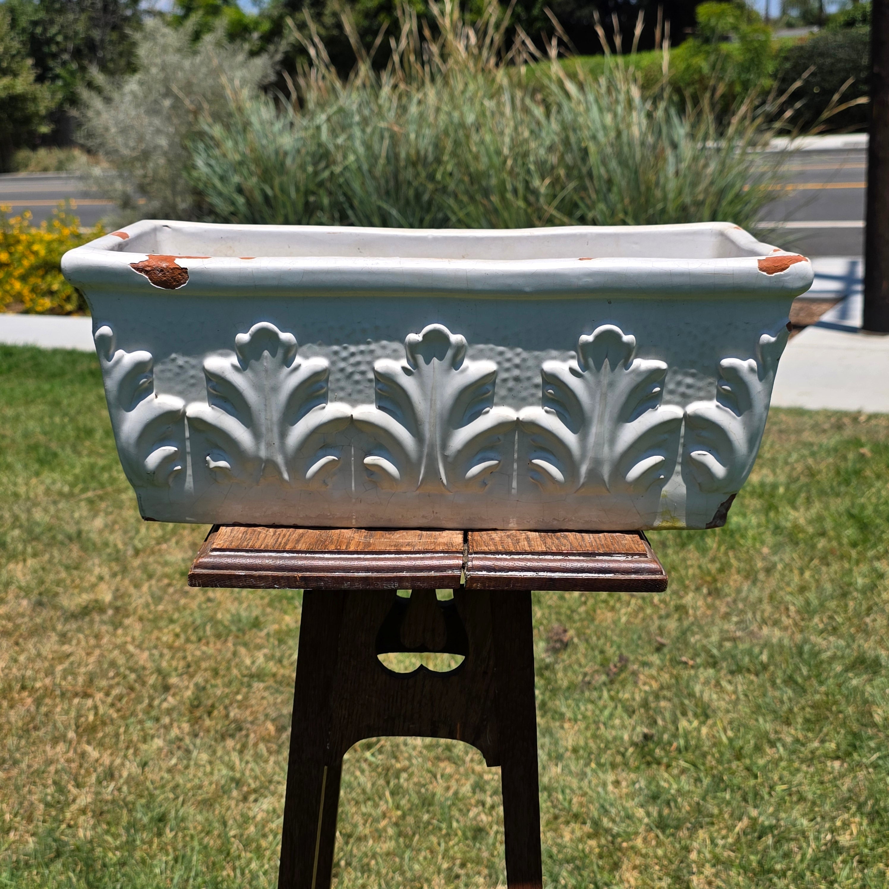 Vintage Italian White Glaze Terra Cotta Rectangular Planter Window Box Acanthus