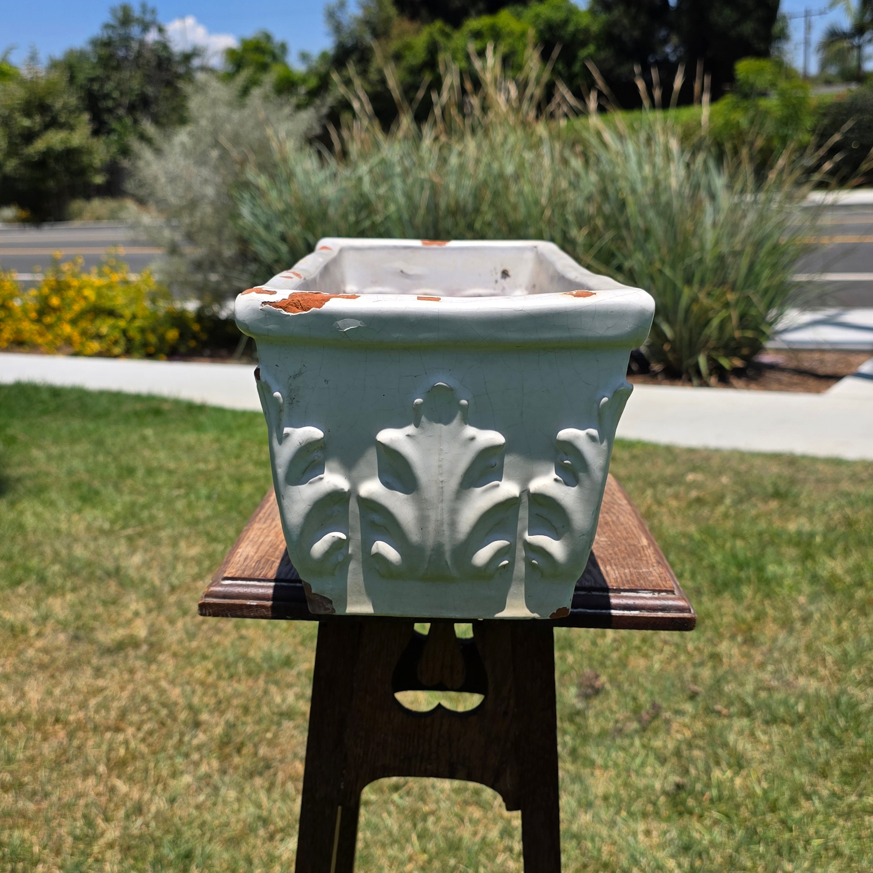 Vintage Italian White Glaze Terra Cotta Rectangular Planter Window Box Acanthus