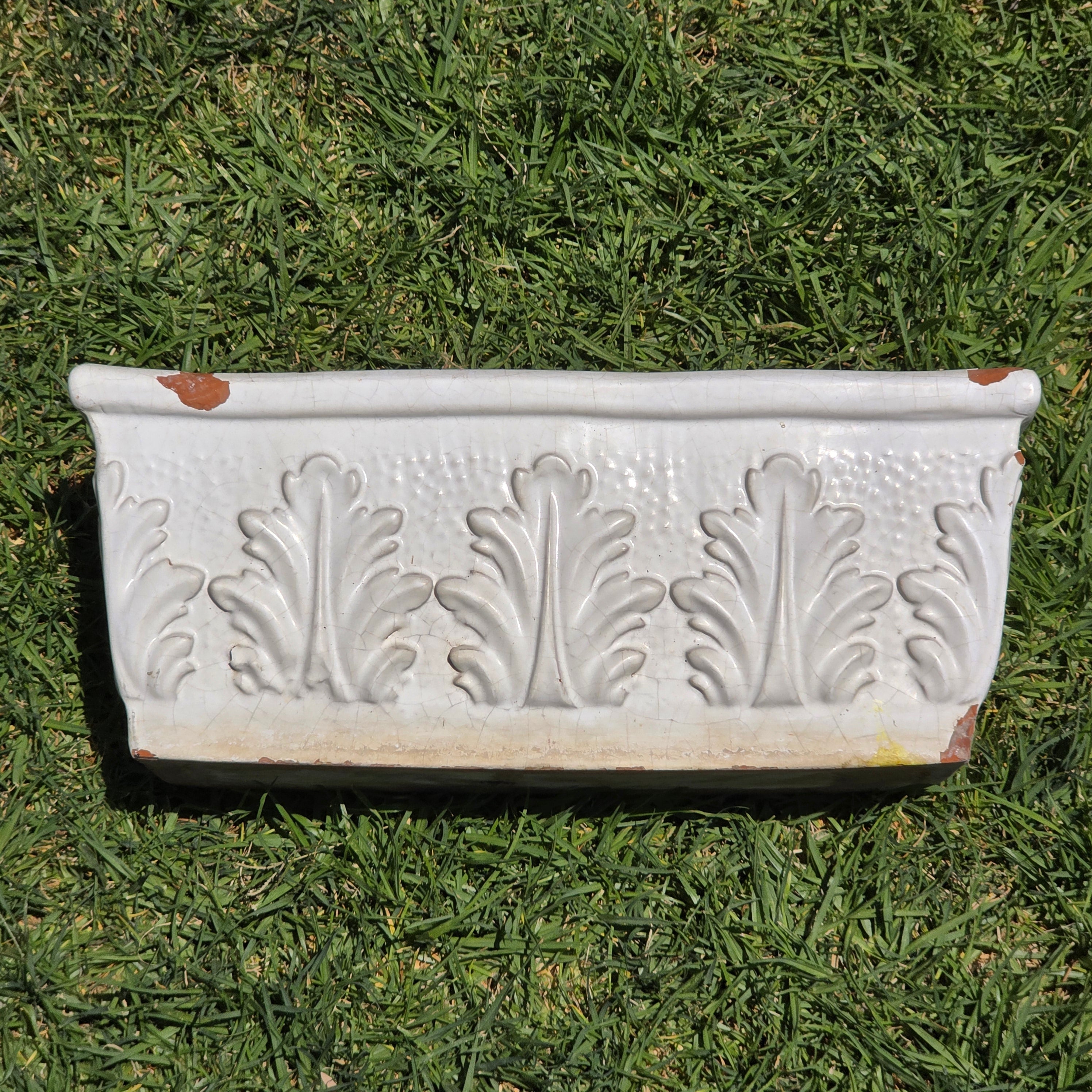 Vintage Italian White Glaze Terra Cotta Rectangular Planter Window Box Acanthus