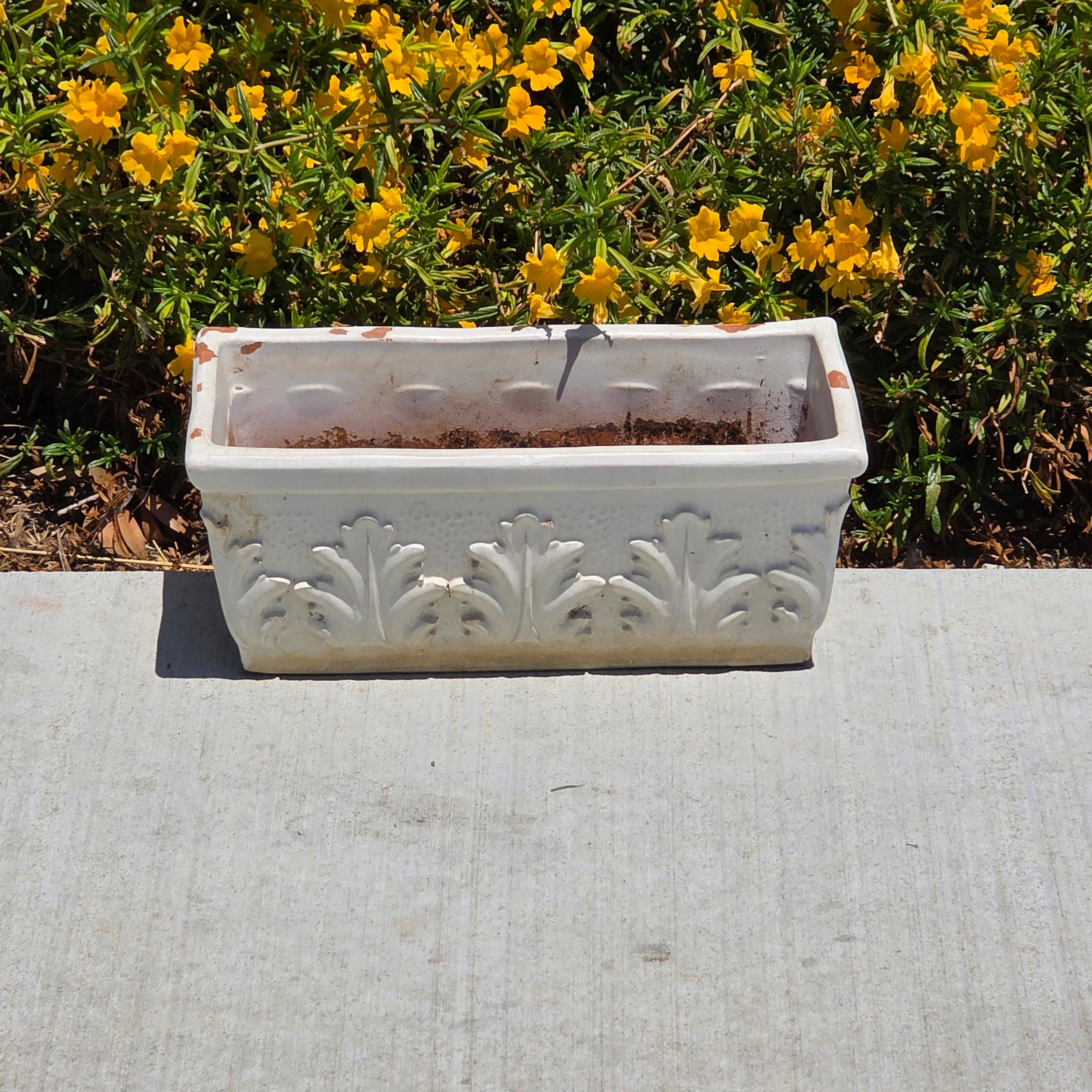 Vintage Italian White Glaze Terra Cotta Rectangular Planter Window Box Acanthus