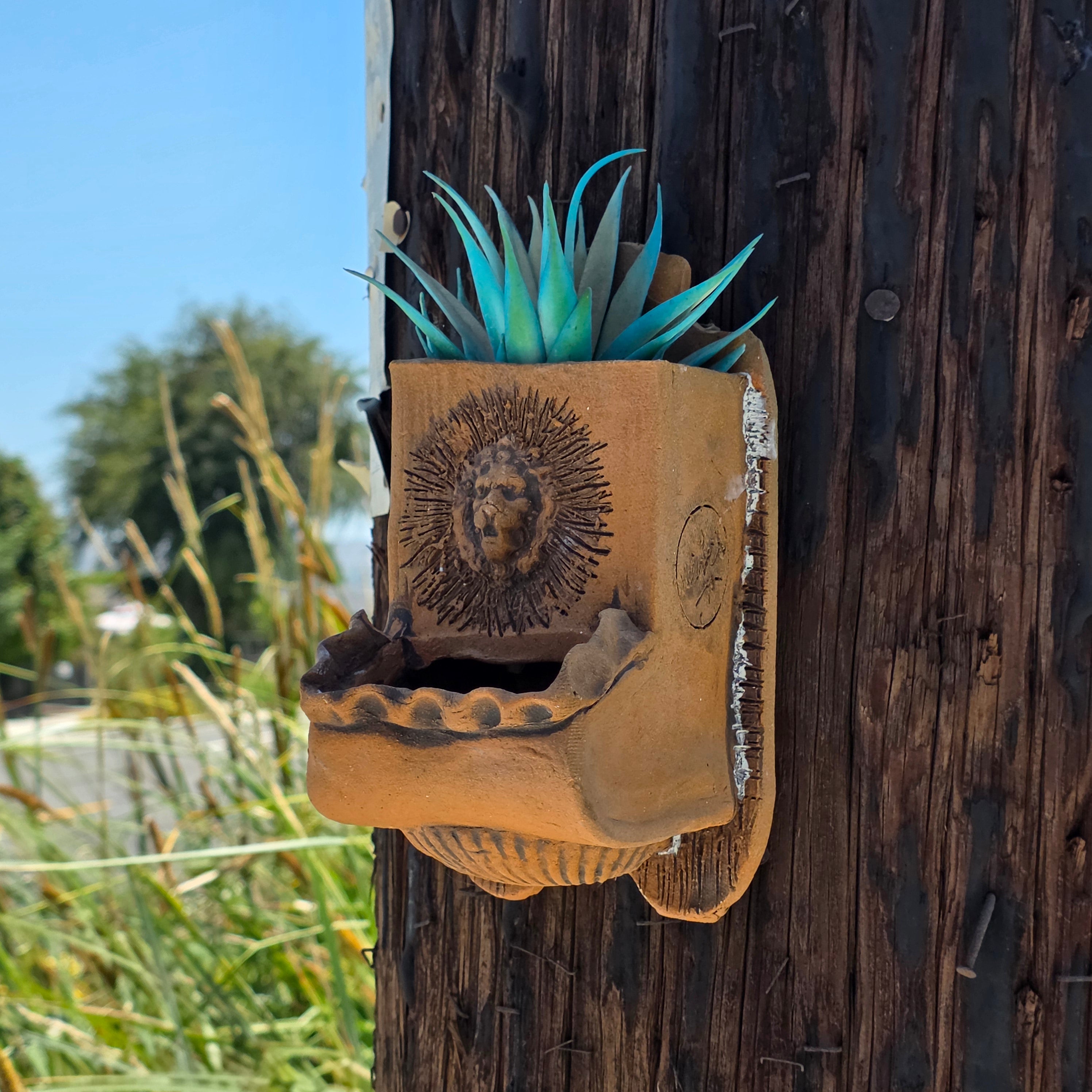 Vintage Terra Cotta Wall Pocket Planter Lion Head Sconce Signed Boho Succulent