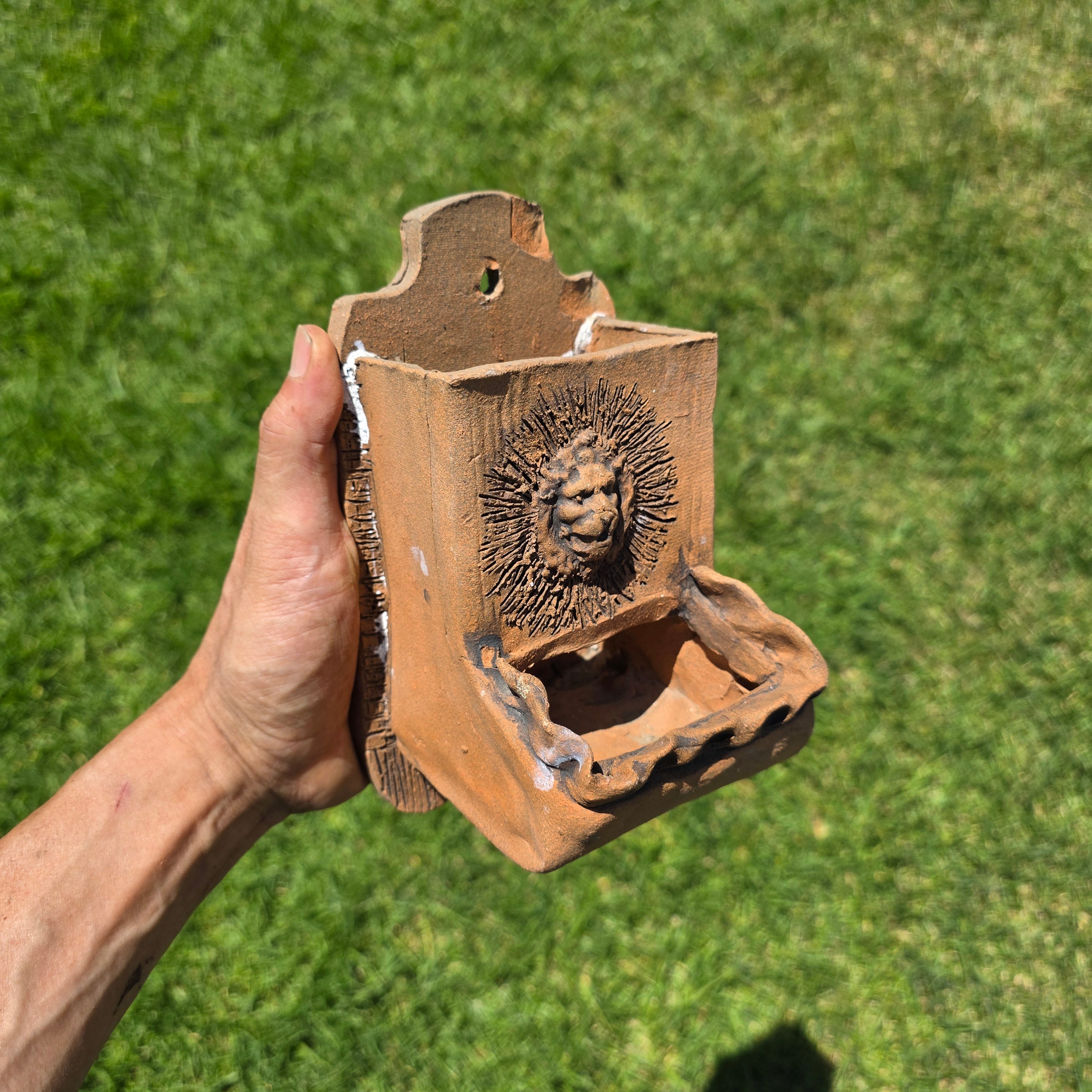 Vintage Terra Cotta Wall Pocket Planter Lion Head Sconce Signed Boho Succulent