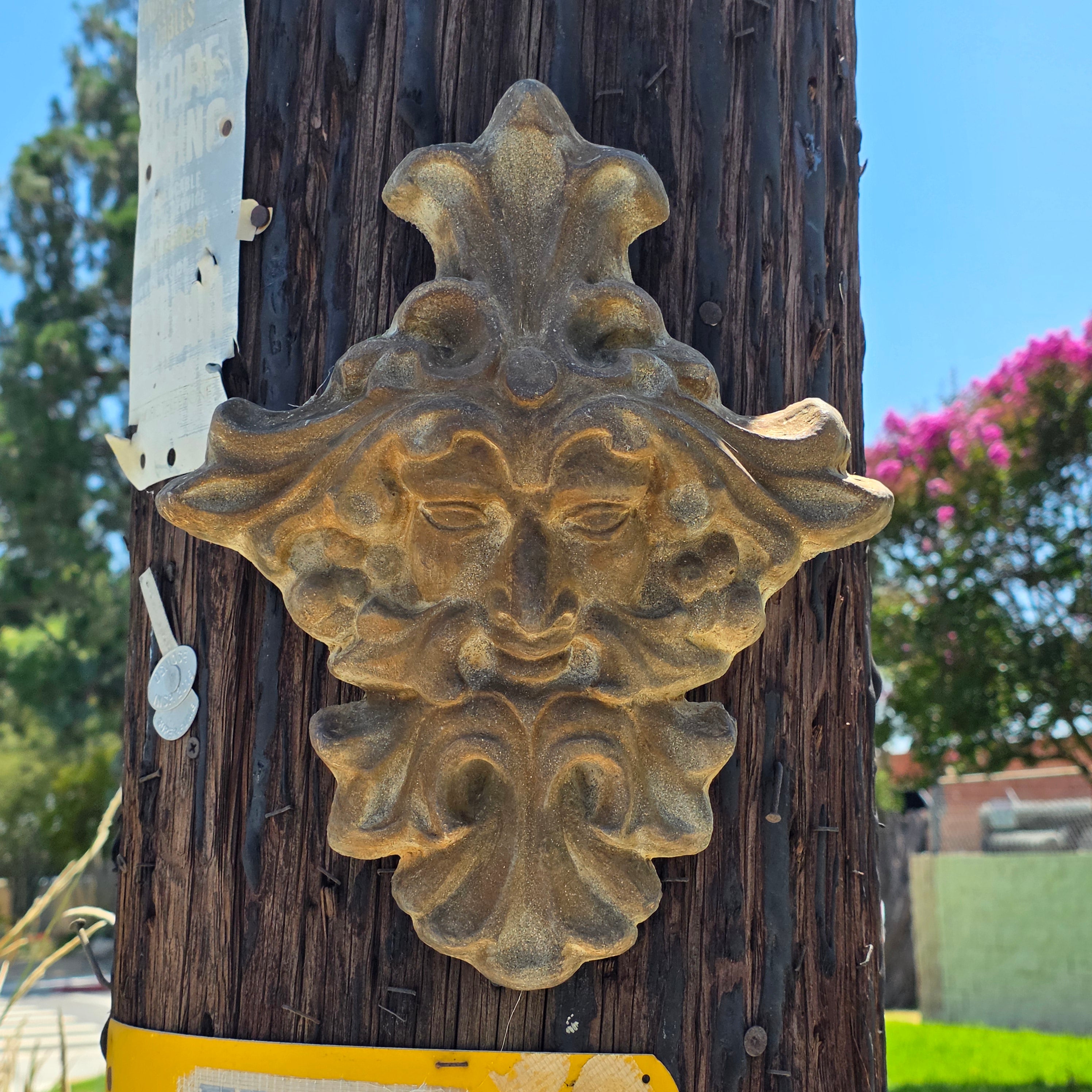 Vintage Cast Stone Green Man Wall Plaque Rustic Garden Decor Heavy Concrete