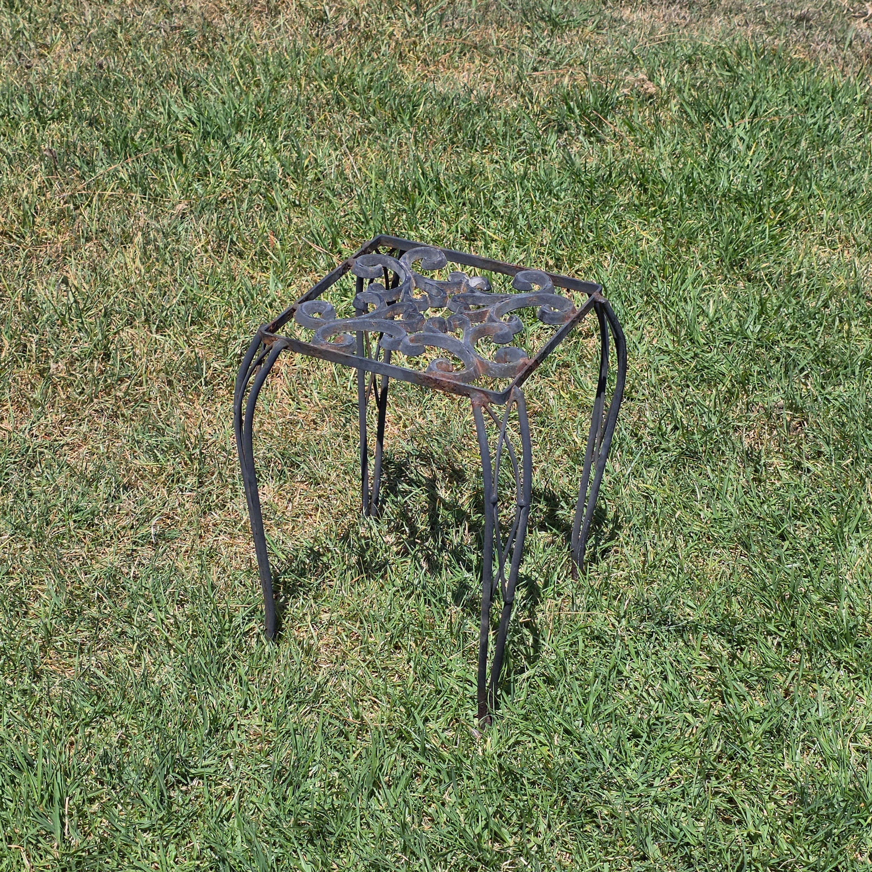 Vintage Wrought Iron Plant Stand Square Rustic Metal Table Intertwined Legs