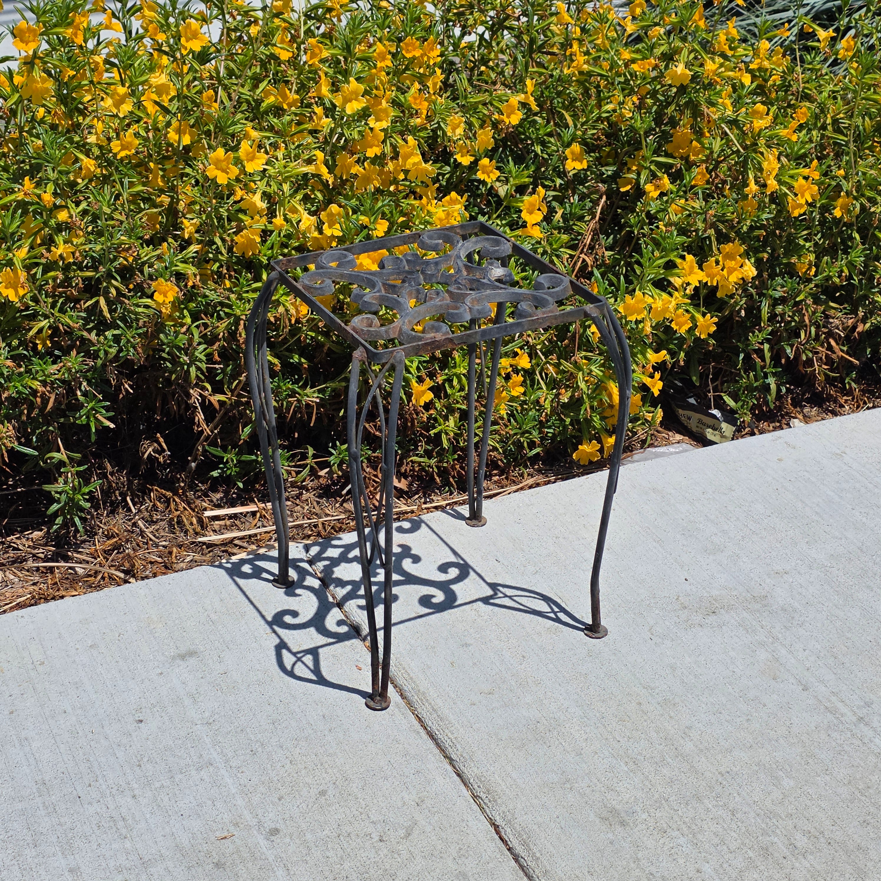 Vintage Wrought Iron Plant Stand Square Rustic Metal Table Intertwined Legs