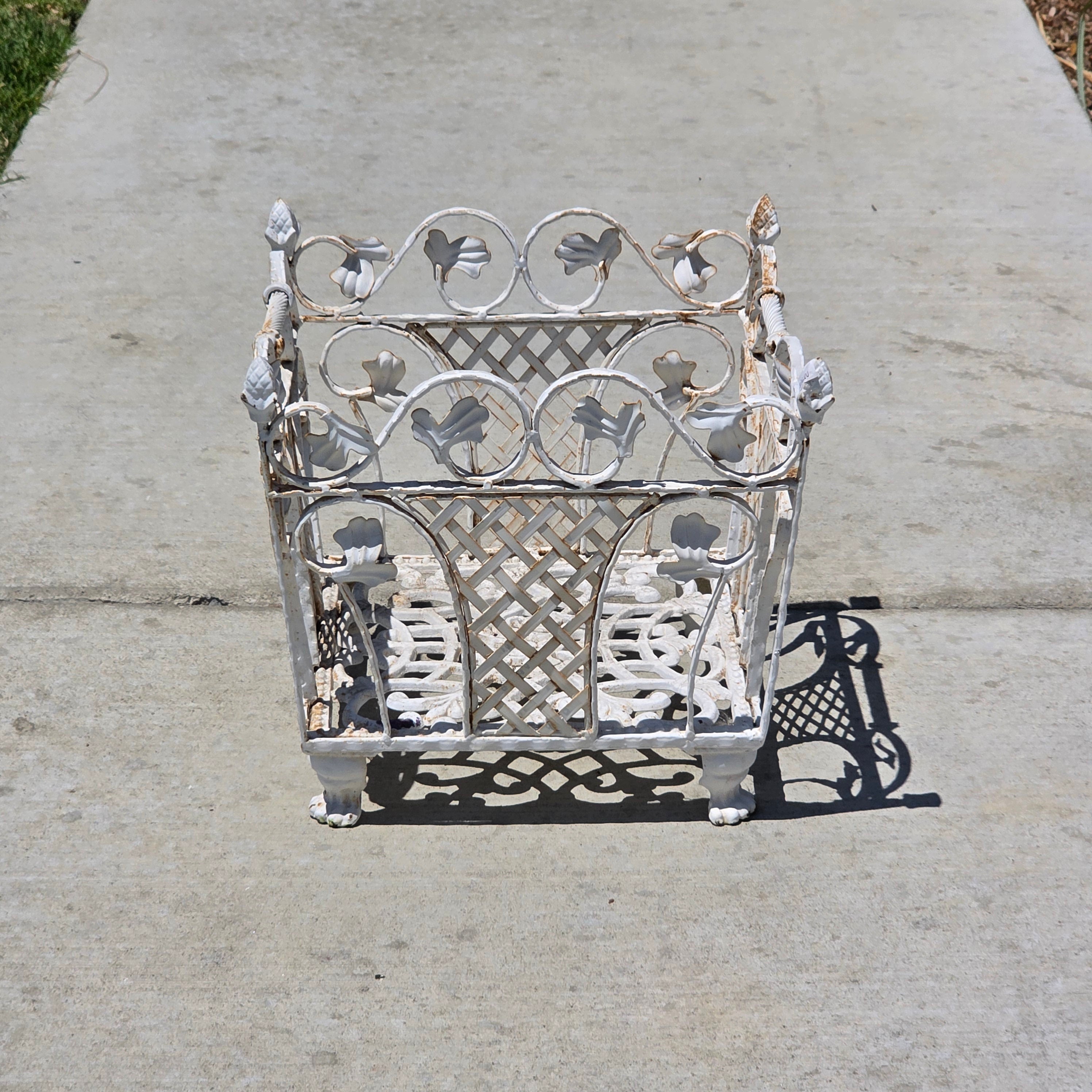 Vintage White Cast Iron Ornate Planter Box Magazine Rack Shabby Chic Heavy