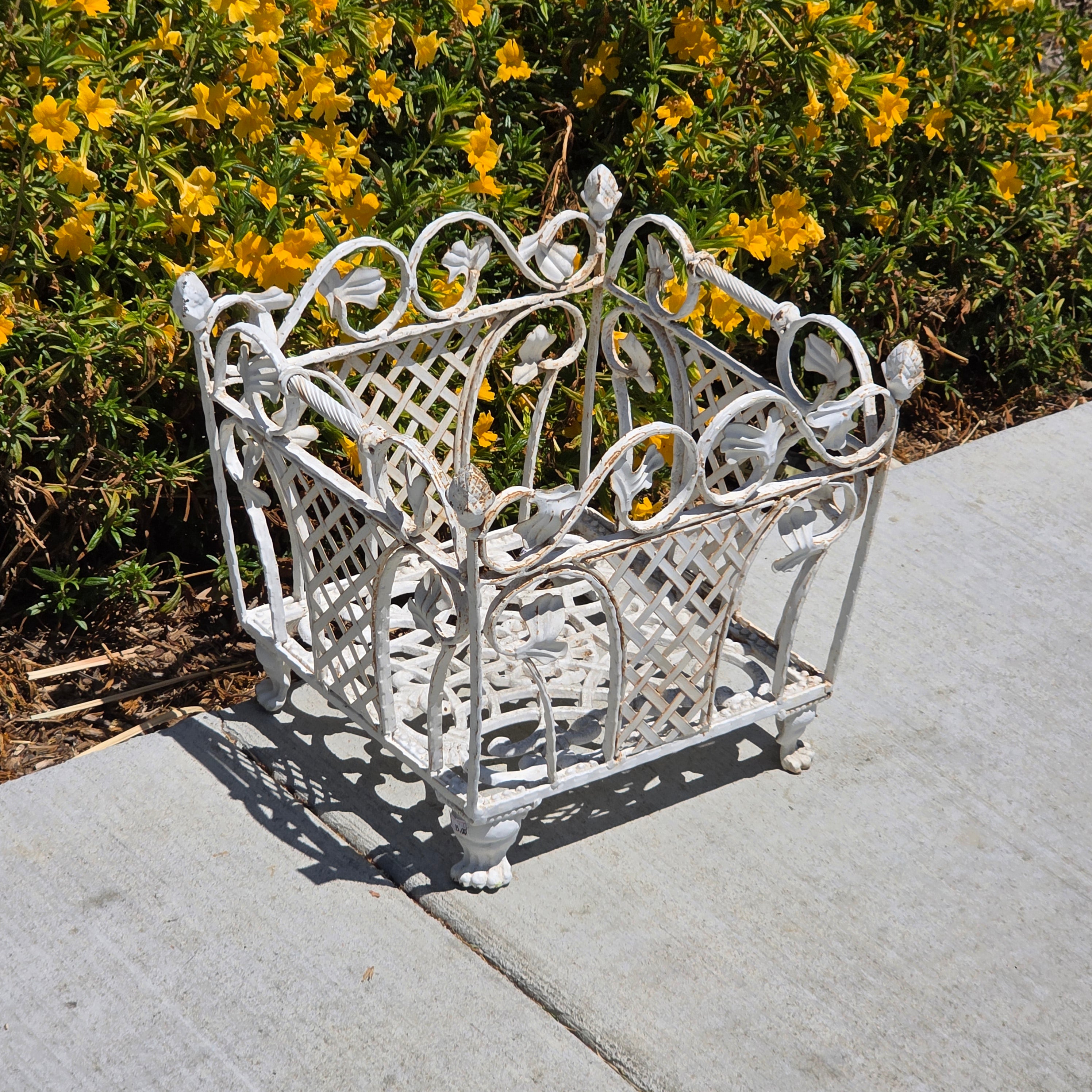 Vintage White Cast Iron Ornate Planter Box Magazine Rack Shabby Chic Heavy