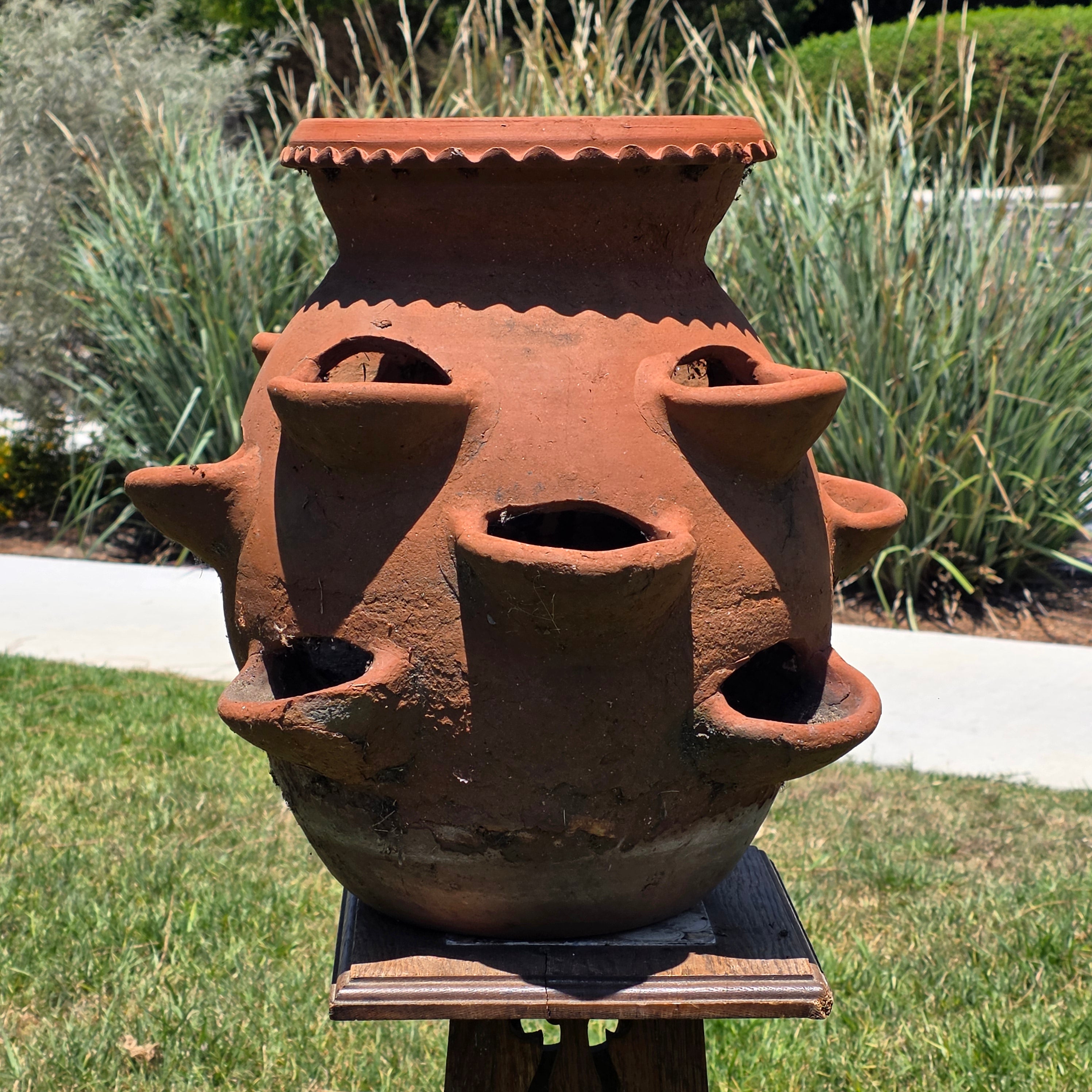 Large Vintage Terracotta Strawberry Pot Planter 12 Pockets Rustic Mexican Clay