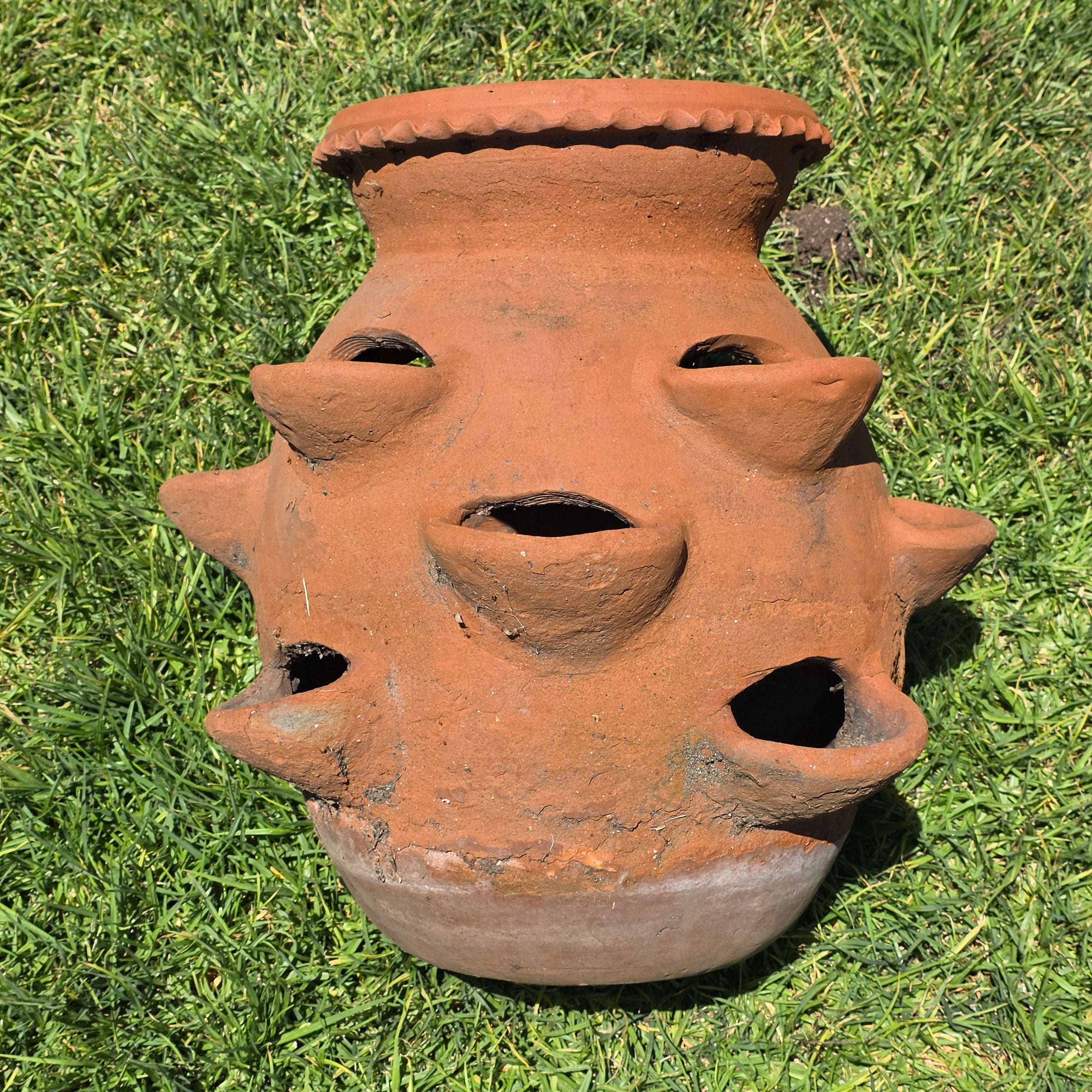 Large Vintage Terracotta Strawberry Pot Planter 12 Pockets Rustic Mexican Clay