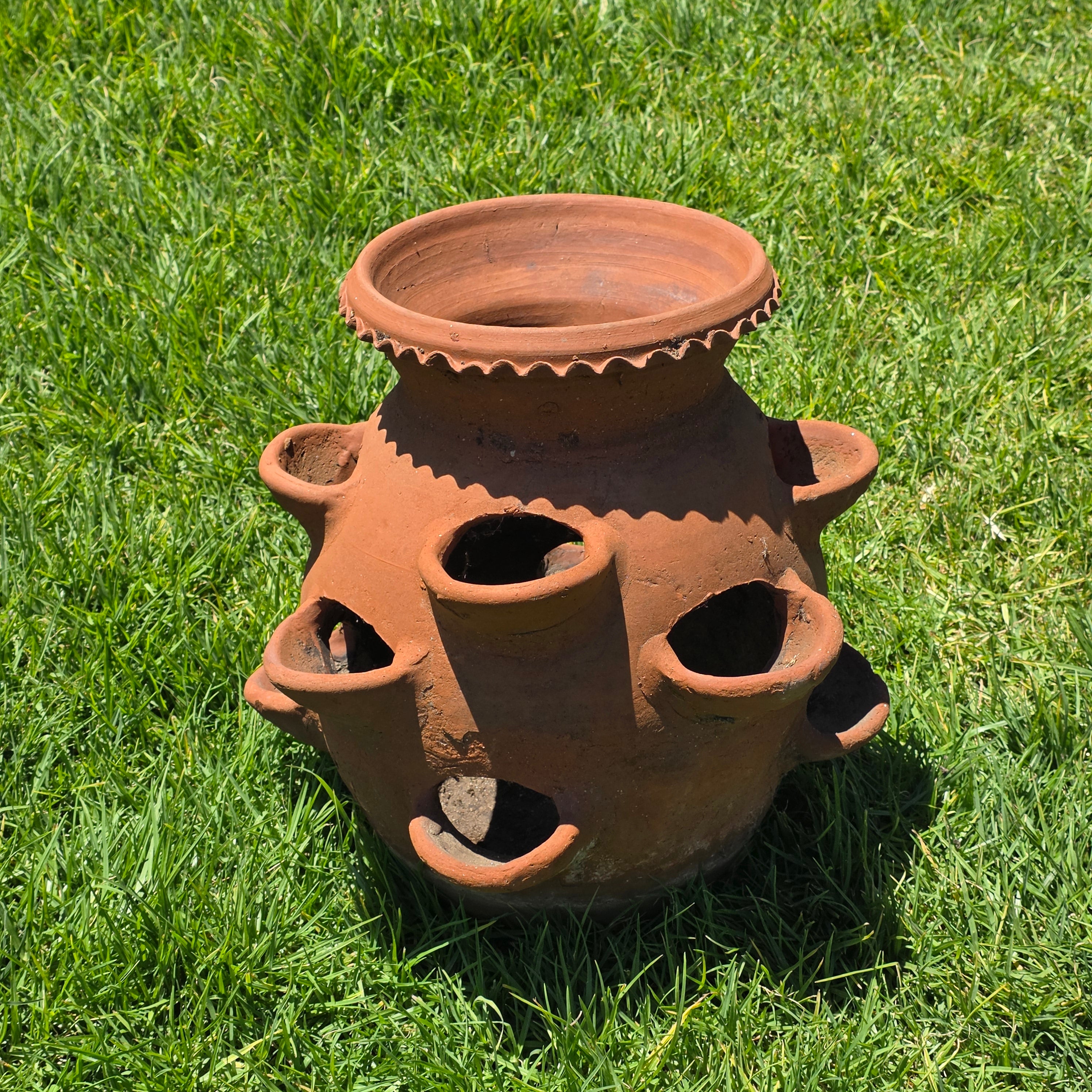 Large Vintage Terracotta Strawberry Pot Planter 12 Pockets Rustic Mexican Clay