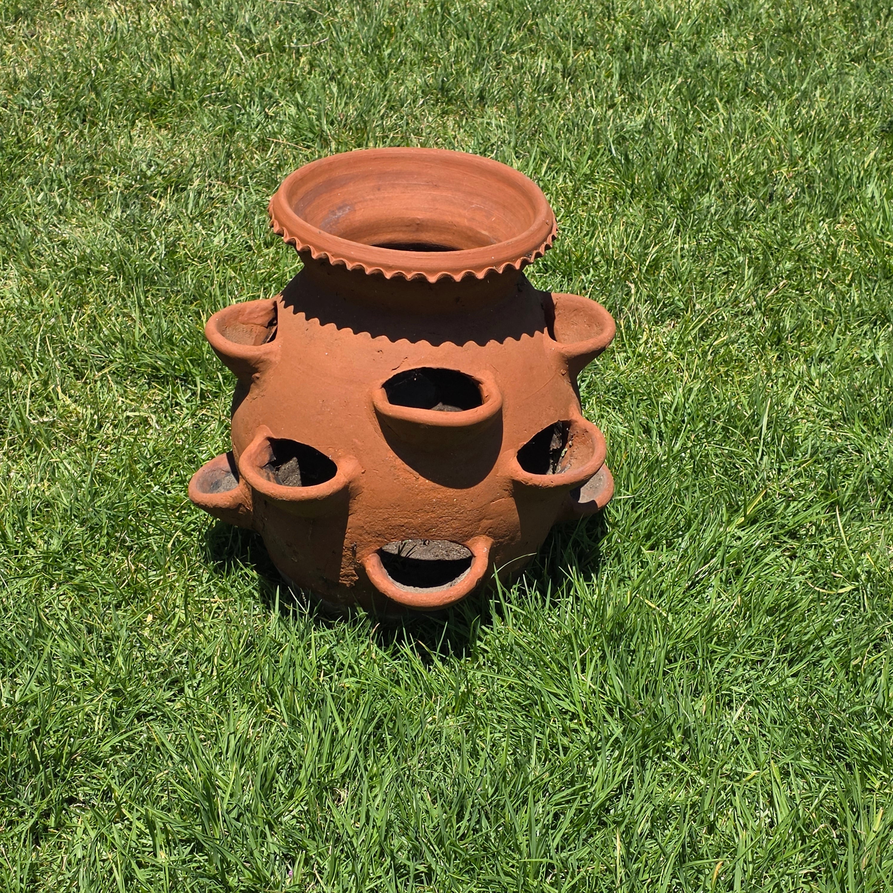 Large Vintage Terracotta Strawberry Pot Planter 12 Pockets Rustic Mexican Clay