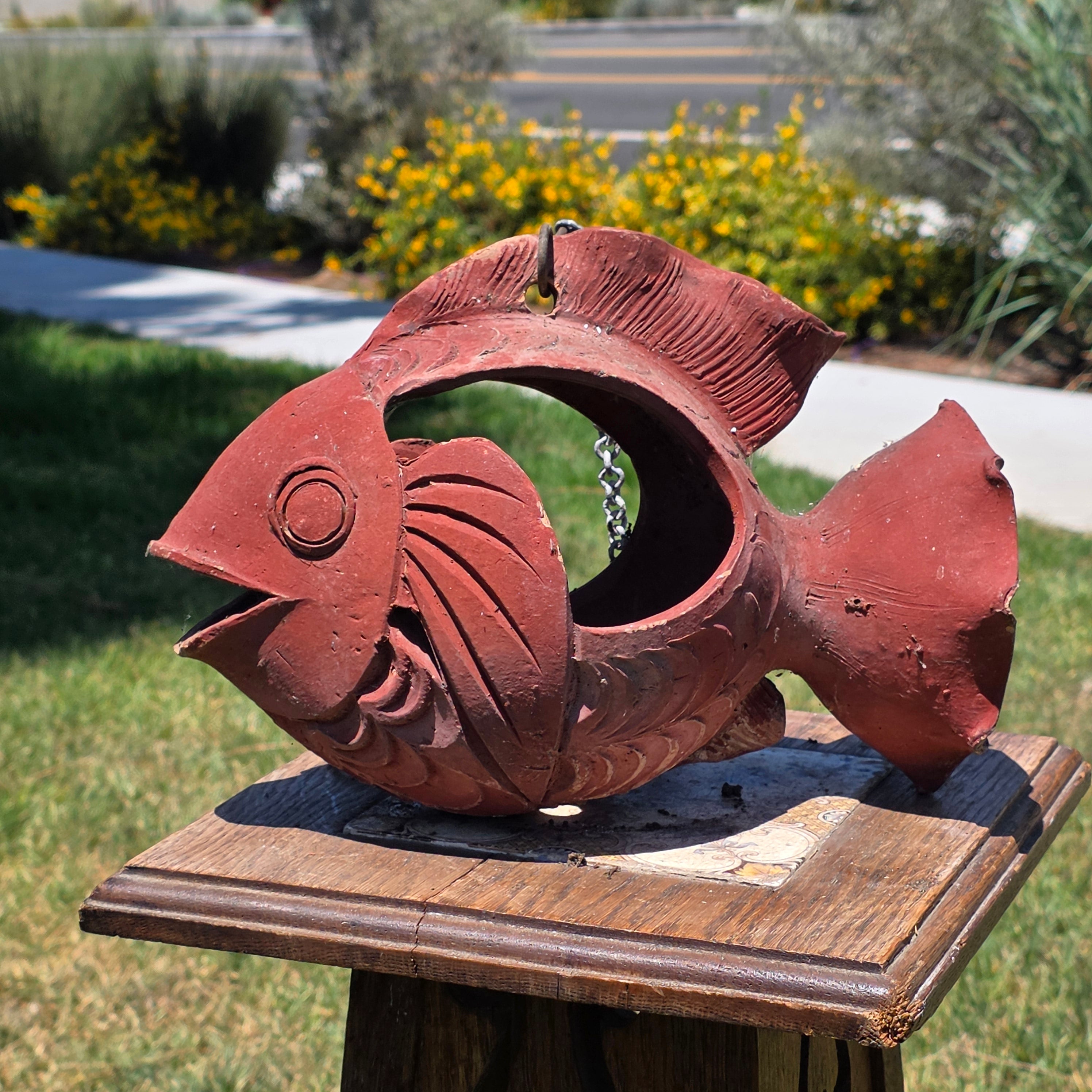 Vintage Terracotta Fish Hanging Planter Lantern Rustic Garden Decor Clay 11"